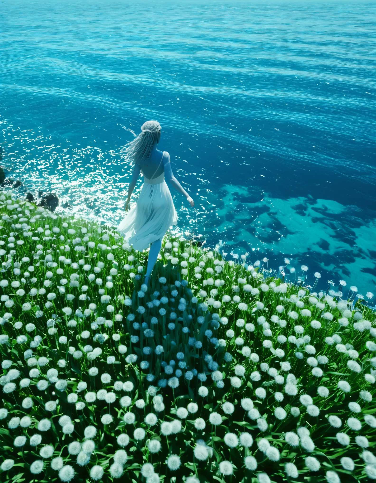 (Best quality, 4k, 8k, High resolution, Masterpiece: 1.2), Super detailed, (Realistic, Realistic, Realistic: 1.37), Avatar character, female, wearing white short dress, walking on the Côte d'Azur, dreamy atmosphere , biolight, flying dandelions, soft light, blue and black palette, light blue tones, delicate footsteps, serene expression, flowing silver hair, charming blue eyes, whispering wind, tranquil loneliness, The cool air, the majestic mountains in the distance, the ethereal beauty, the natural beauty rendered by light and shadow, the harmony between characters and nature, charming and tranquil