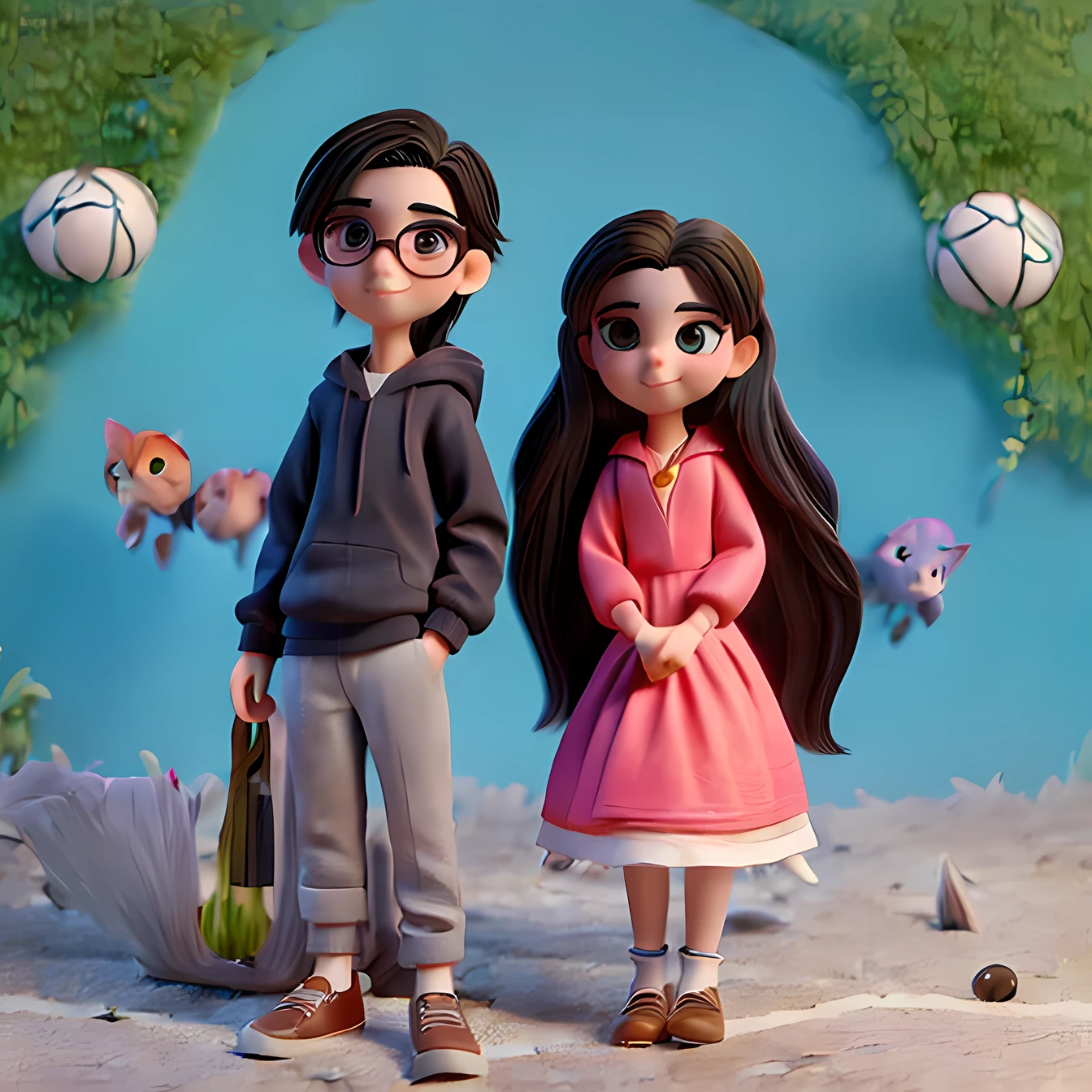((Um casal com dois gatinhos)), the one with long black hair with a Siamese kitten on her lap and the boy with glasses and a Harry Potter scar on his forehead with a white and gray kitten.