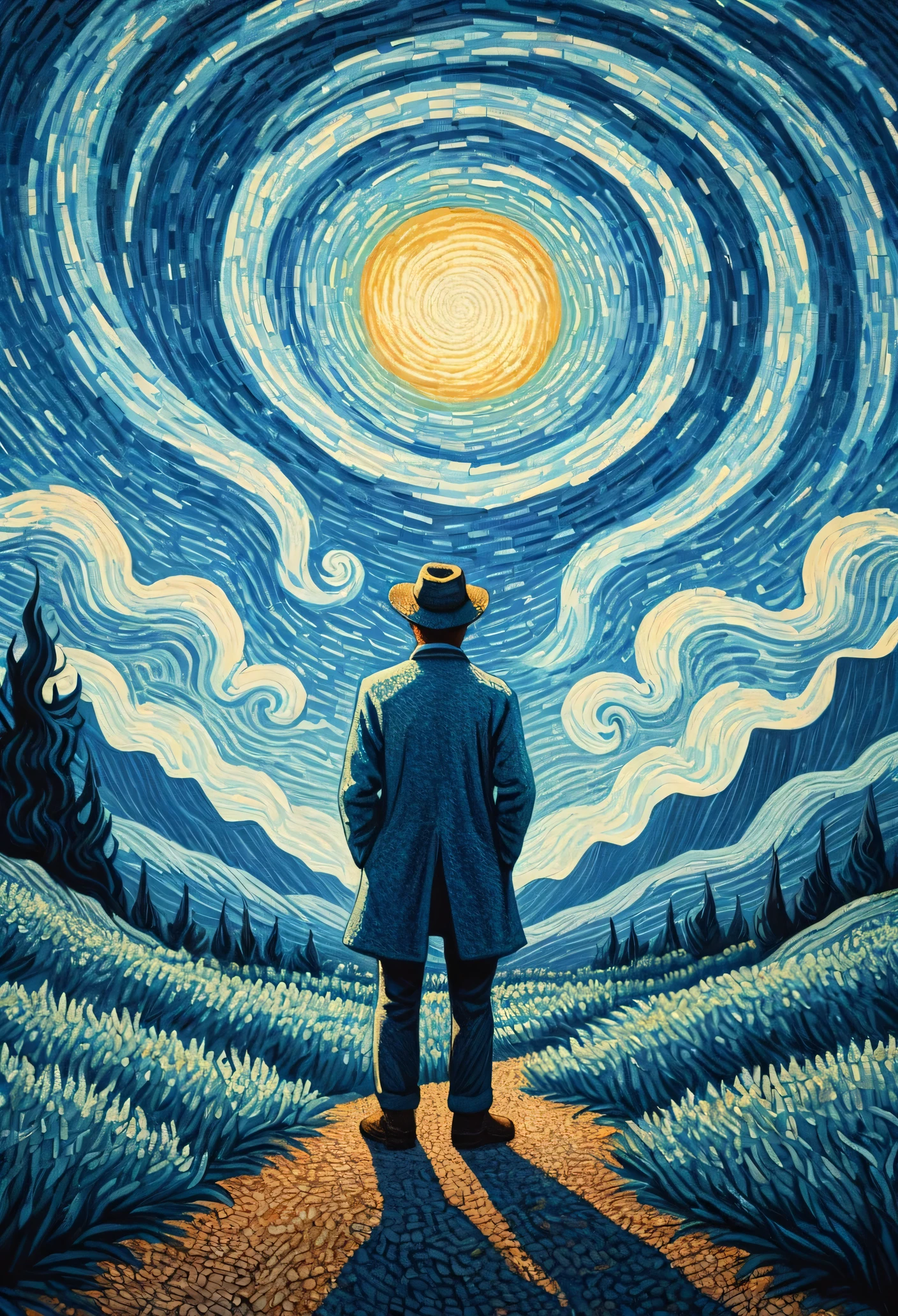 A person standing in the wilderness, Blue light rotation, style of vincent van gogh, Pointillism style, Magnificent scenery, illustration, Negative Space, Gravure printing, Art