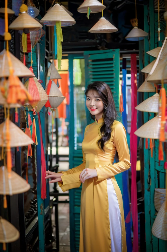 A beautiful short hair Asian girl wearing colorful Vietnamese ao dai, smirking, blurred background.