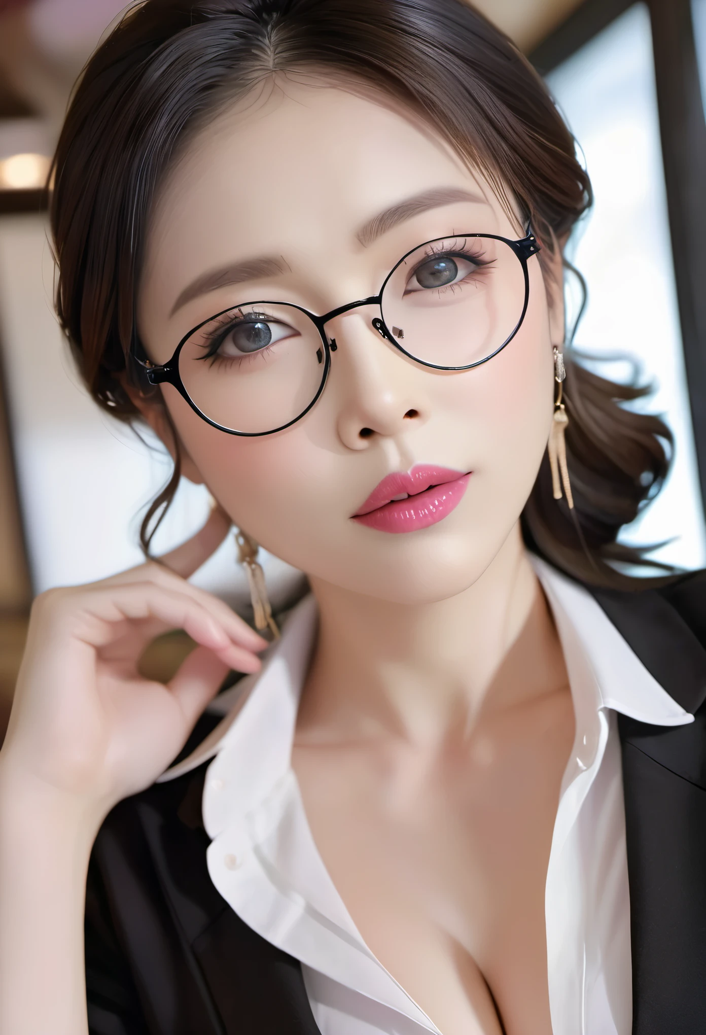 (masterpiece, best quality: 1.2), 1wavy hair secretary， Delicateeyes,Glasses，Head close-up，The expression of a kiss，Plump pink lips， ，earrings（（Black business clothes）），Huge natural breasts，8k