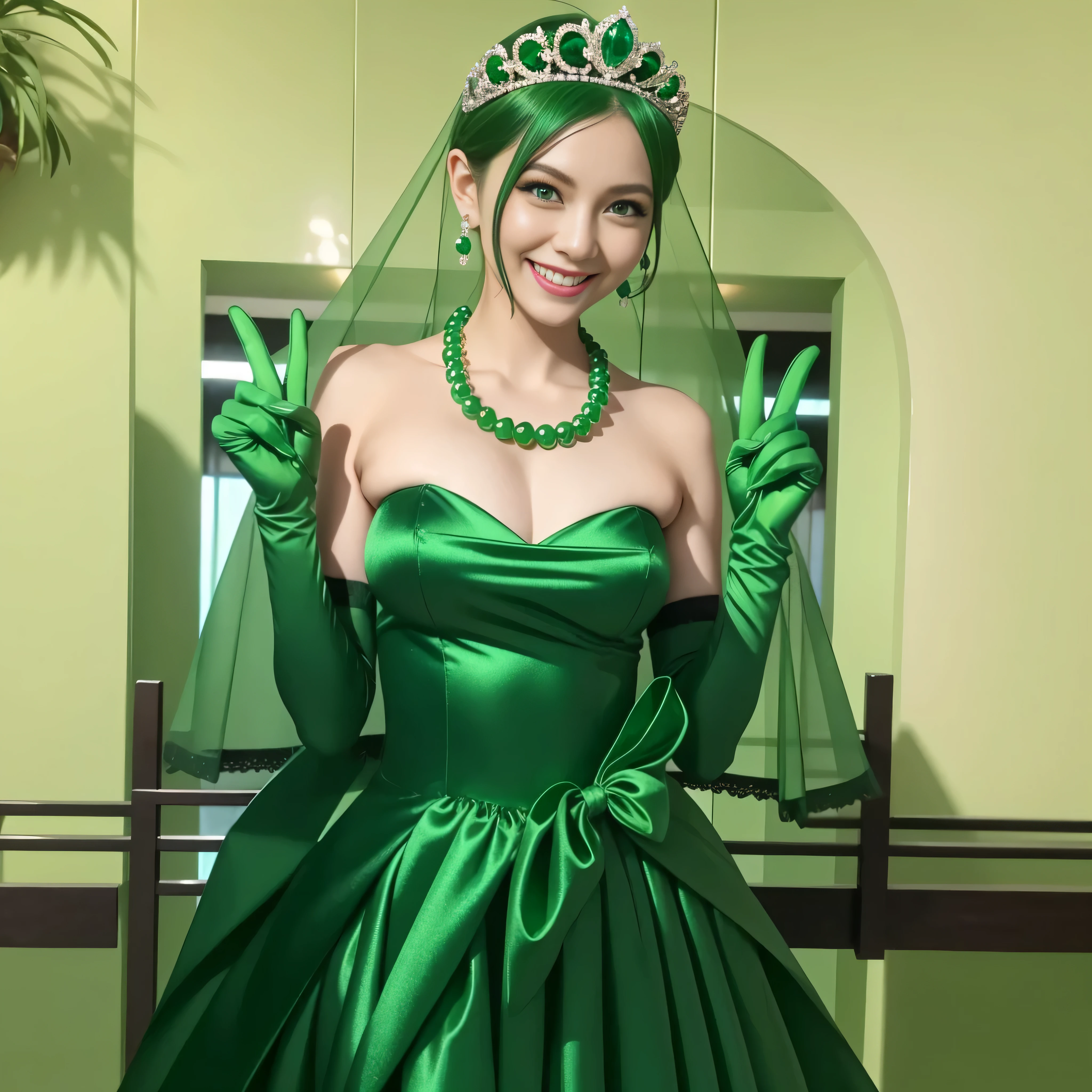 Emerald tiara, Green Pearl Necklace, Boyish very short green hair, lipstick, Smiling Japanese woman, Very short hair, Big tits beautiful, Green Eyes, Long green satin gloves, Green Eyes, v sign, Emerald Earrings, Green Veil
