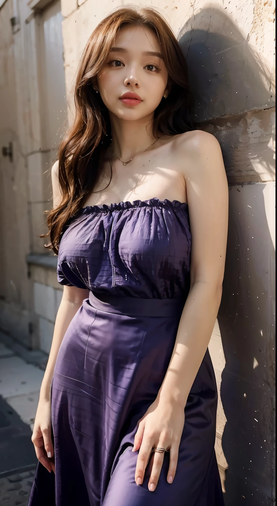 detailed background, masterpiece, best quality, 1 person , curly hair, long hair, purple eyes, star in eye , Strapless blouse, long  skirt