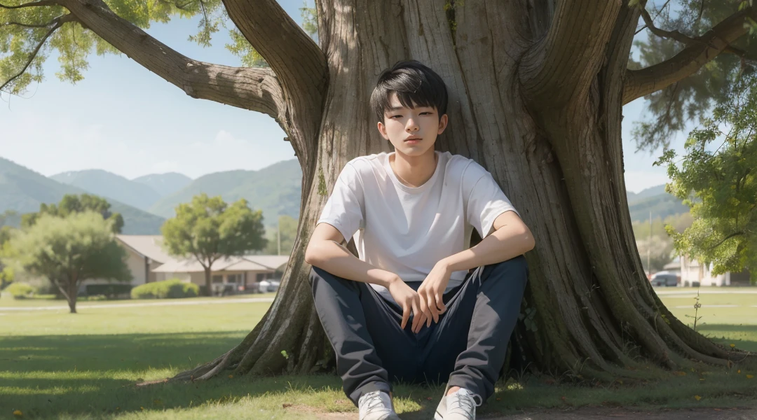 A 18 years old Boy is sitting on the tree 