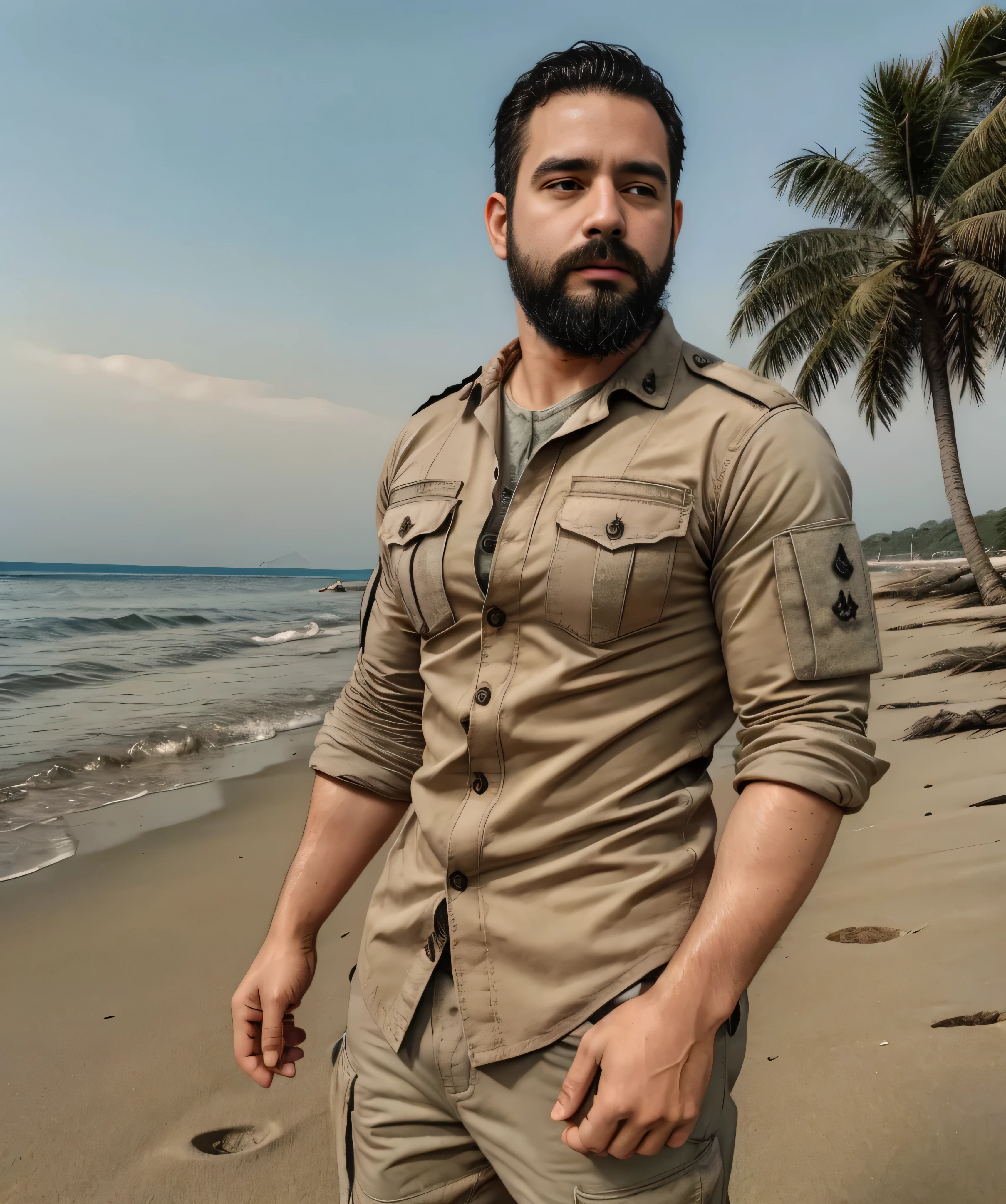 bearded man in military shirt, standing on the beach, looking very handsome, super polished and cool, medium shot of a handsome bearded man in military shirt standing on a beach, crystal clear, high-resolution image with vibrant colors, stunning details, capturing the essence of masculinity and confidence.