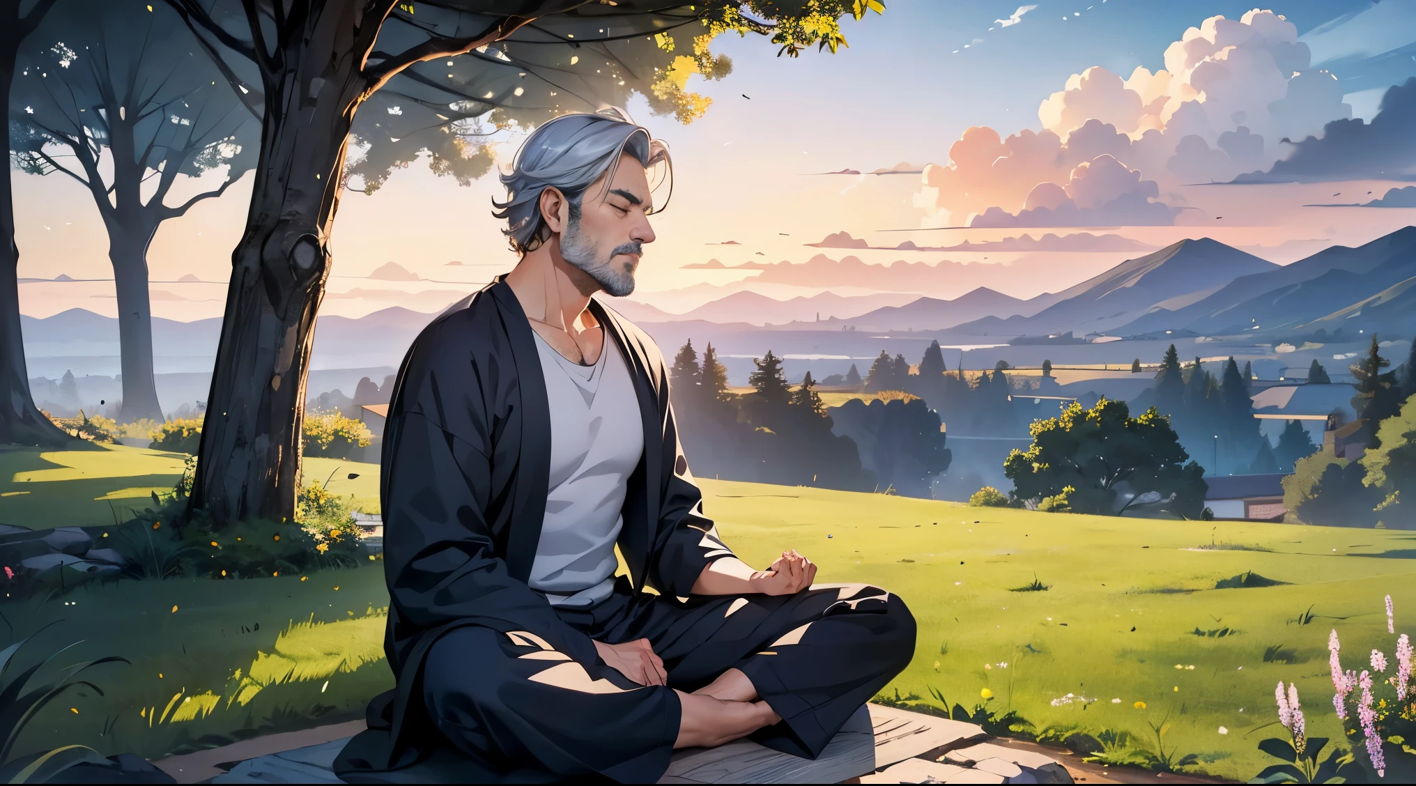 Handsome middle-aged man meditating with his eyes closed、Landscape