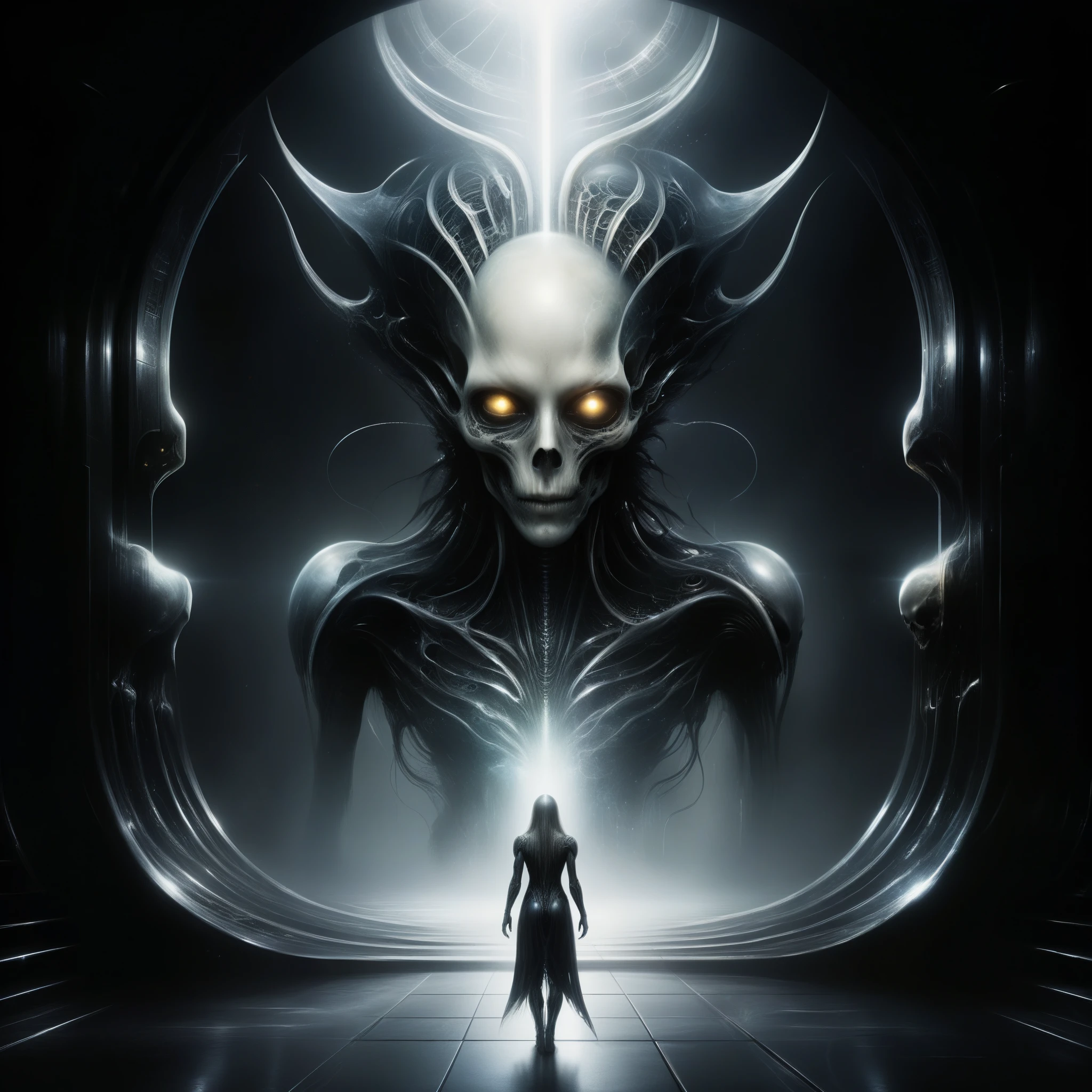 (eerie beauty:1.1,AI-composed music,surreal realm,twisted visions:H.R.Giger:1.1,unsettling creations:eerie atmosphere),dark and mysterious atmosphere,dramatic lighting,intense emotions,horror aesthetic,detailed and intricate landscapes,alien creatures with biomechanical features,dark and haunting colors,ominous shadows,otherworldly architecture,uncanny and unsettling ambiance,strong contrasts between light and darkness,mind-bending compositions,intense and haunting melodies,digital and glitch elements,evokes feelings of unease and curiosity,uncertainty and tension,sublime and ethereal soundscape,haunting echoes and reverberations,enigmatic and surrealistic atmosphere,mix of organic and mechanical elements,futuristic and dystopian vibes,glimpse into a parallel universe.