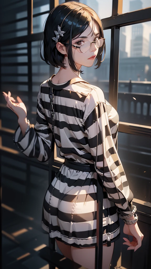 (Rear view, Back view),(masterpiece:1.3), ((best quality:1.3), I don't, 1 girl, Polarized glasses, old, short hair, Solitary, Collar, Mole above mouth, sunglasses, large old, ((Ropa About)), ((Striped clothes)), prisoner, shirt, Long sleeve, 条纹prisonerLong sleeve, Upper body, shackles, Black and white lines, (Prison bars background :1.4), (iron groceries),( Showing black underwear),( Vibrant colors), (prisoner:1.4 ), (Delicate face :1.4)