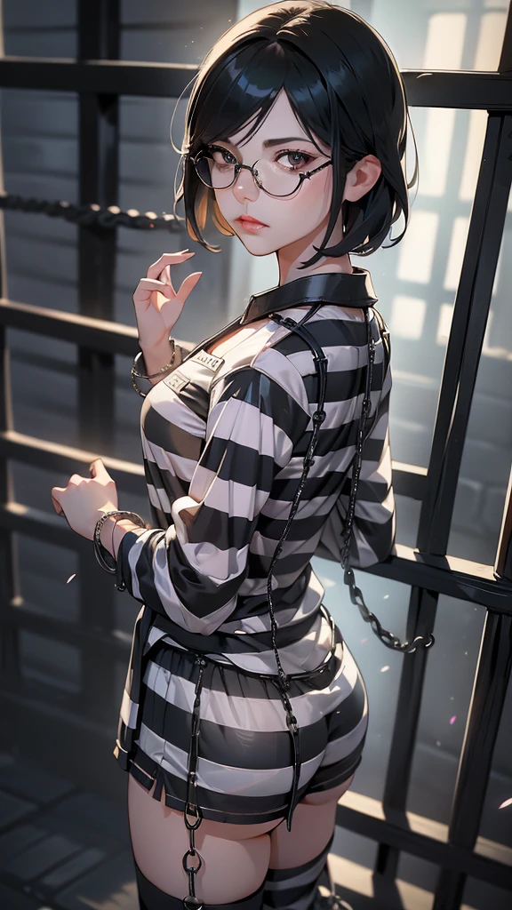 (Rear view, Back view),(masterpiece:1.3), ((best quality:1.3), I don't, 1 girl, Polarized glasses, old, short hair, Solitary, Collar, Mole above mouth, sunglasses, large old, ((Ropa About)), ((Striped clothes)), prisoner, shirt, Long sleeve, 条纹prisonerLong sleeve, Upper body, shackles, Black and white lines, (Prison bars background :1.4), (iron groceries),( Showing black underwear),( Vibrant colors), (prisoner:1.4 ), (Delicate face :1.4) 
