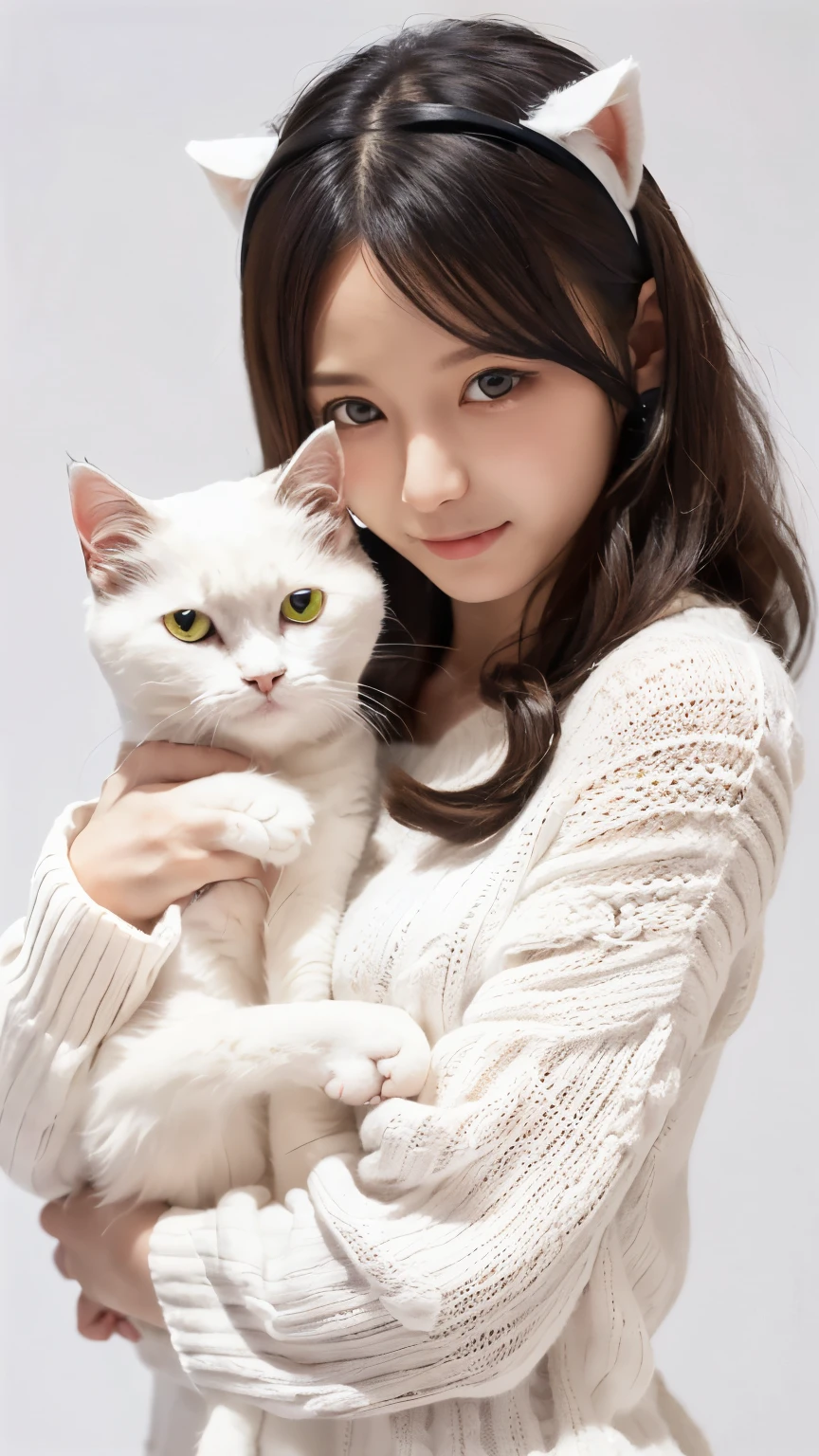 masterpiece, 4k, Bokeh, (Kawai:1.5), high school girl, (Japanese idle:1.6), (Cat ear:1.3), (soft hair:1.3) , (white knit onepiece:1.6), Blushed face, looking at the viewer, cowboy shot, (Holding beautiful white cat :1.3), (Close cat's eyes:1.3), (white background :1.4),