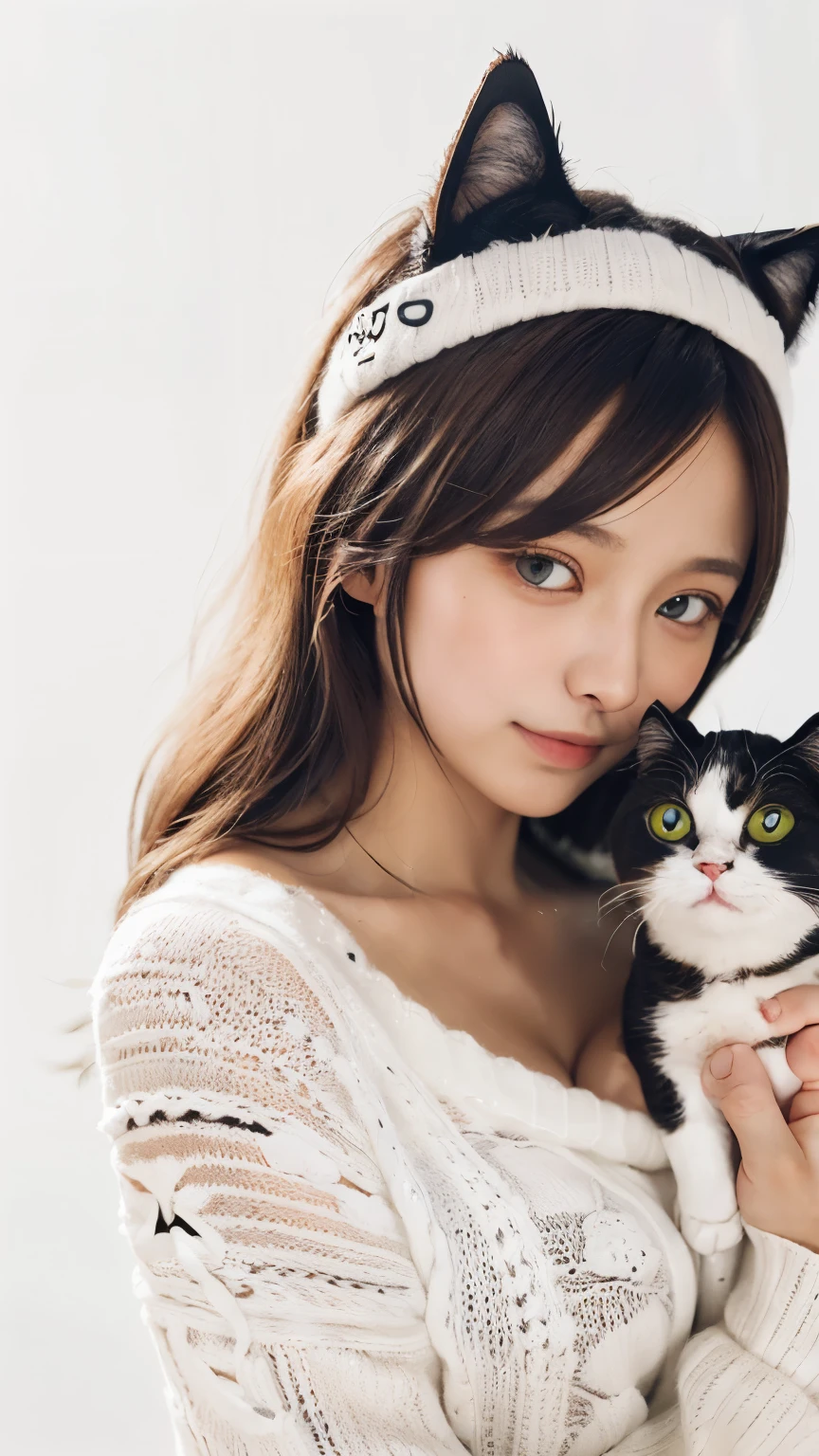 masterpiece, 4k, Bokeh, (Kawai:1.5), high school girl, (Japanese idle:1.6), (Cat ear:1.3), (soft hair:1.3) , (white knit onepiece:1.6),  Blushed face, looking at the viewer, cowboy shot, (Holding beautiful white cat :1.3), (Close cat's eyes:1.3), (white background :1.4), 