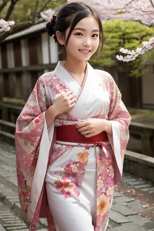((best quality)), ((masterpiece)), (detailed), perfect face, symmetrical face, 10 years old face, cute smile, beautiful teeth, Big eyes, small nose, small mouth, large ears, small chin thin, eyebrows, beautiful skin, , The aspect ratio of the face is 3:2, beautiful fingers, beautiful hands, beautiful hair, long sideburns, short hair, beautiful chest, beautiful and delicate shoulders, beautiful and delicate thighs, The costume is a warm-colored kimono with a floral pattern, Japanese, beautiful feet, Taking a walk with my dog through the ruins of old Kyoto, cherry blossoms are blooming