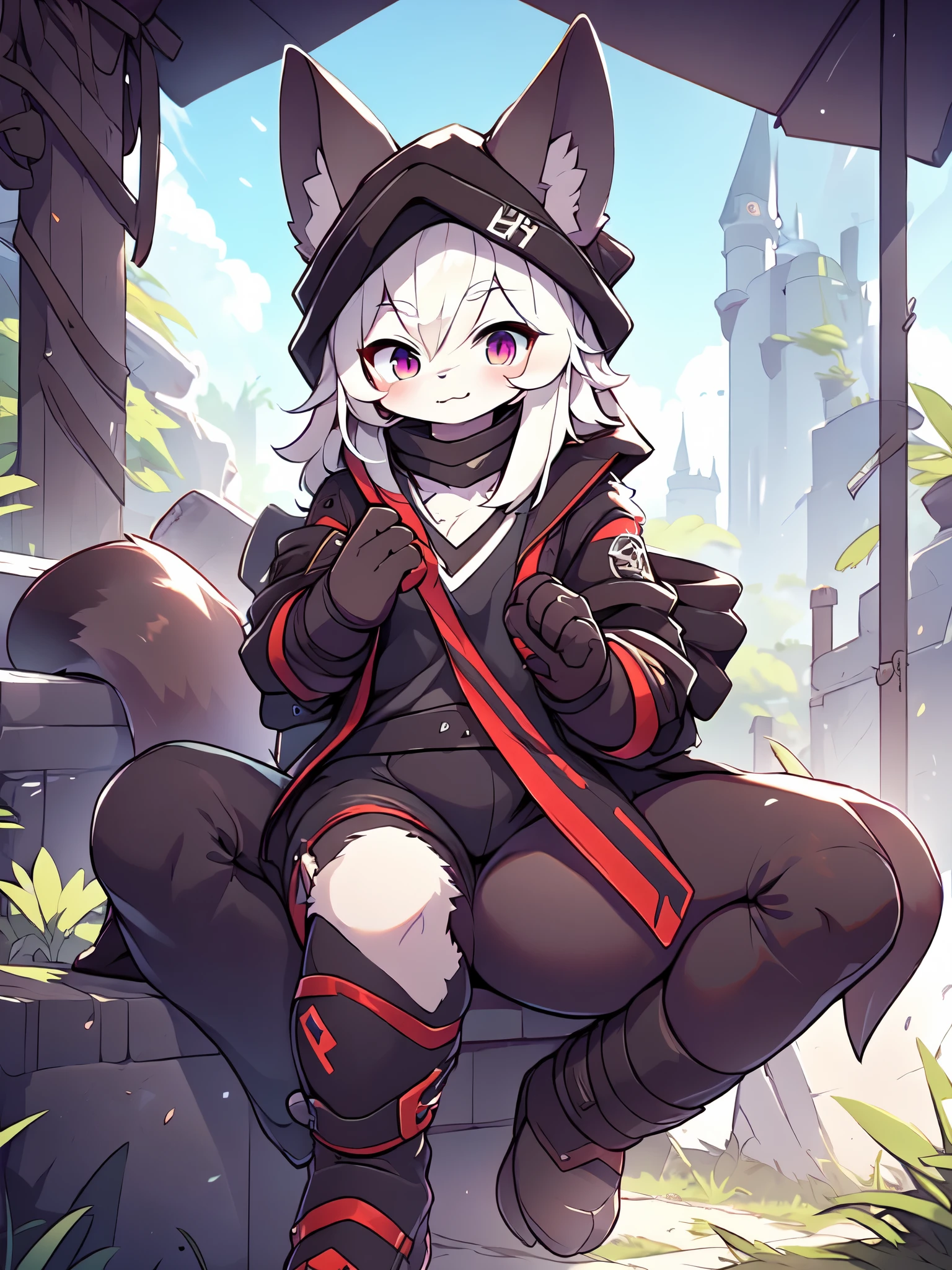 Kawaii, Striped Fluffy Fox, emaciated, long hair, 3girls, artificial synthetic skin, life support prosthetics, digital headphones, black tight latex bodysuit, white long dress, thigh-high-socks, shorts, loose off-the-shoulder hood open jacket, holsters in thigh, Mechanical boots, tactical knee pads, tactical belted loose Arm Sleeves, cybernetic Display gloves, chest rigs, tactical belts, blue archive halo, bulletproof goggles on forehead, from Ark nights,