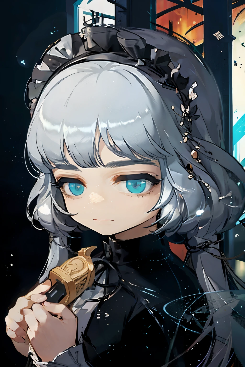 (in the dark: 1.6), Surreal female portraits of David Hockney and Alphonse Mucha, fantasy art, photorealism, dynamic lighting, art station, poster, volumetric lighting, very detailed face, 4K, Awards,, 1 woman, in the dark, deep shadows, low key, cowboy lenses, (maid outfit: 1.4), long hair, gray hair, bust, Luxurious palace, royal style, Crown on the head, twin tail hairstyle, 