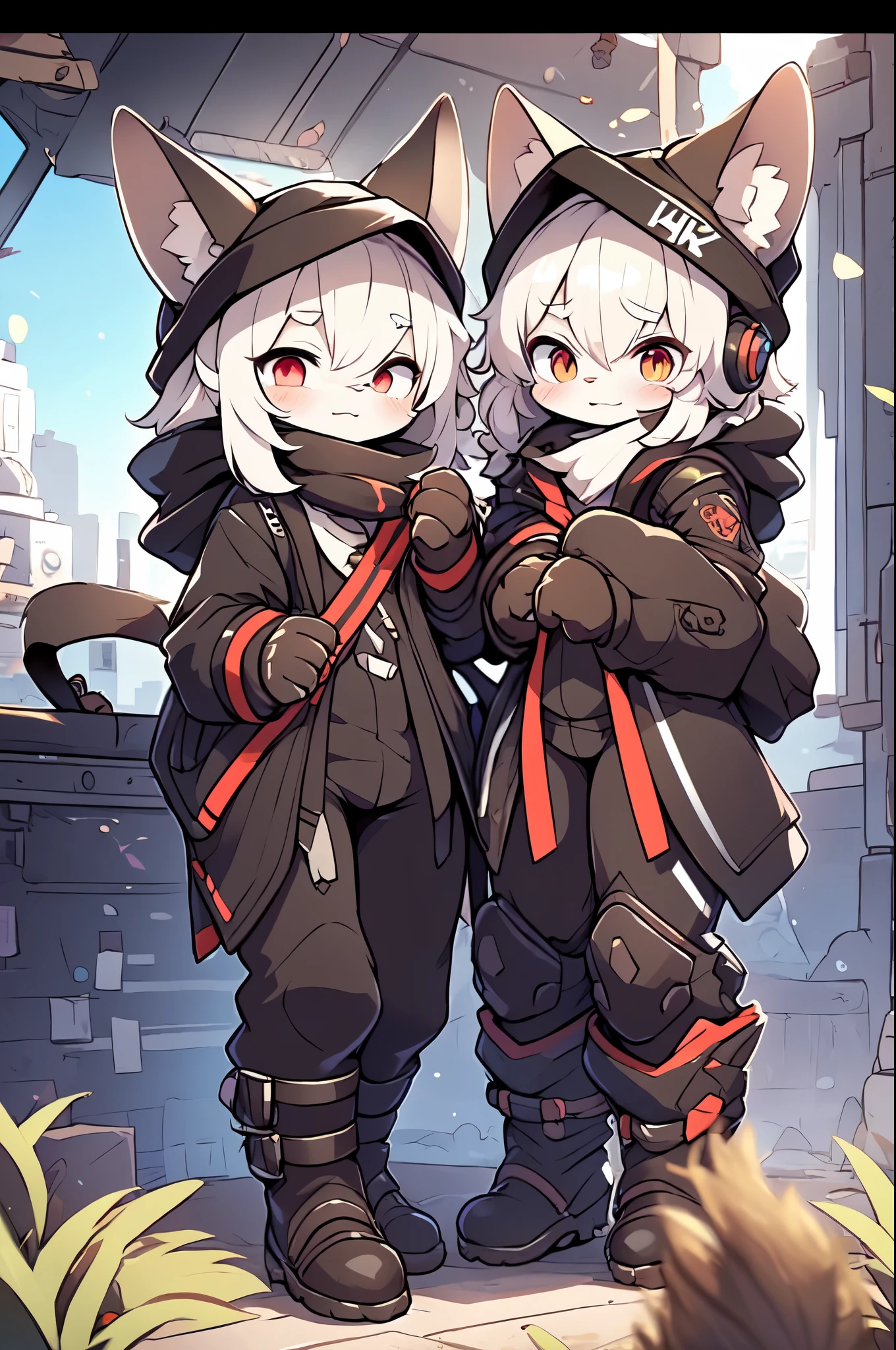 Kawaii, Striped Fluffy Fox, emaciated, long hair, 3girls, artificial synthetic skin, life support prosthetics, digital headphones, black tight latex bodysuit, white long dress, thigh-high-socks, shorts, loose off-the-shoulder hood open jacket, holsters in thigh, Mechanical boots, tactical knee pads, tactical belted loose Arm Sleeves, cybernetic Display gloves, chest rigs, tactical belts, blue archive halo, bulletproof goggles on forehead, from Ark nights,