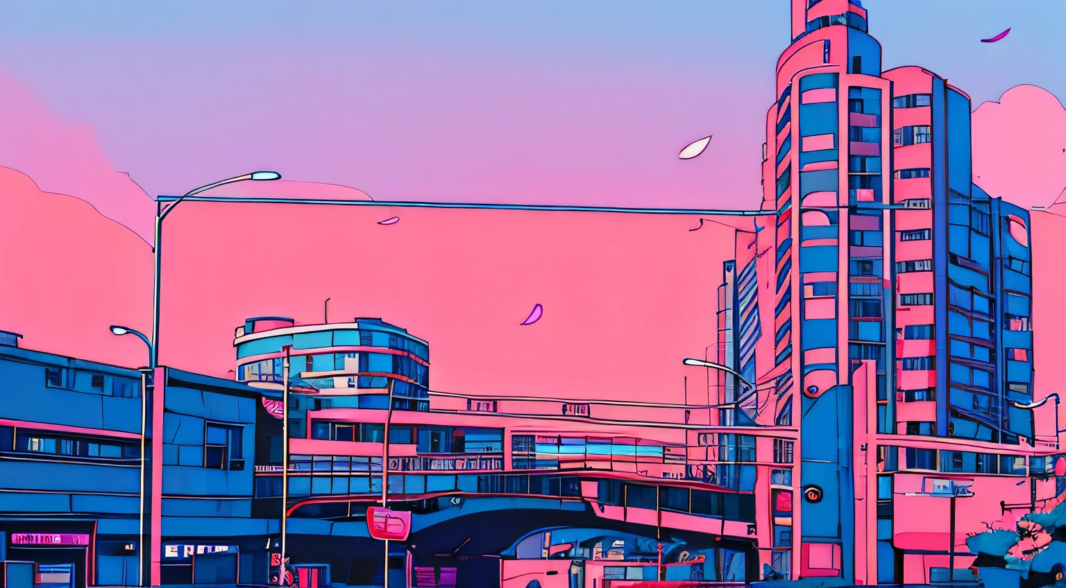 master piece, City Pop style, Pink and blue sky, sunset, street lightstreet light, Futuristic, yet, lofi, retro, vintage, Ghost, light smile, cherry blossoms, ((background only)), (( no human )), (( no person )),