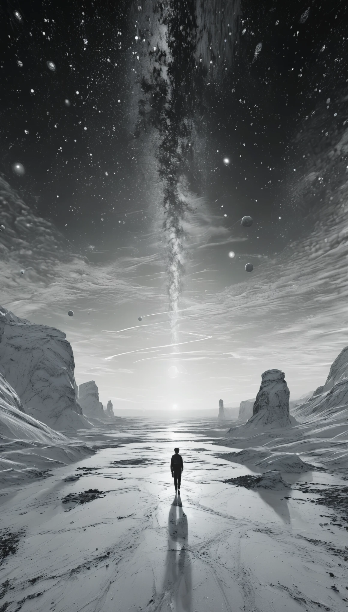 best quality,ultra-detailed,photorealistic:1.37,landscape,black and white,soft lighting,stars,planets,nebulae,wandering figure,peaceful solitude,vastness of space,subtle textures,serene atmosphere,calmness,harmony,ethereal beauty,tranquility,simple shapes and lines,sublime experience,limited color palette,dreamlike ambiance