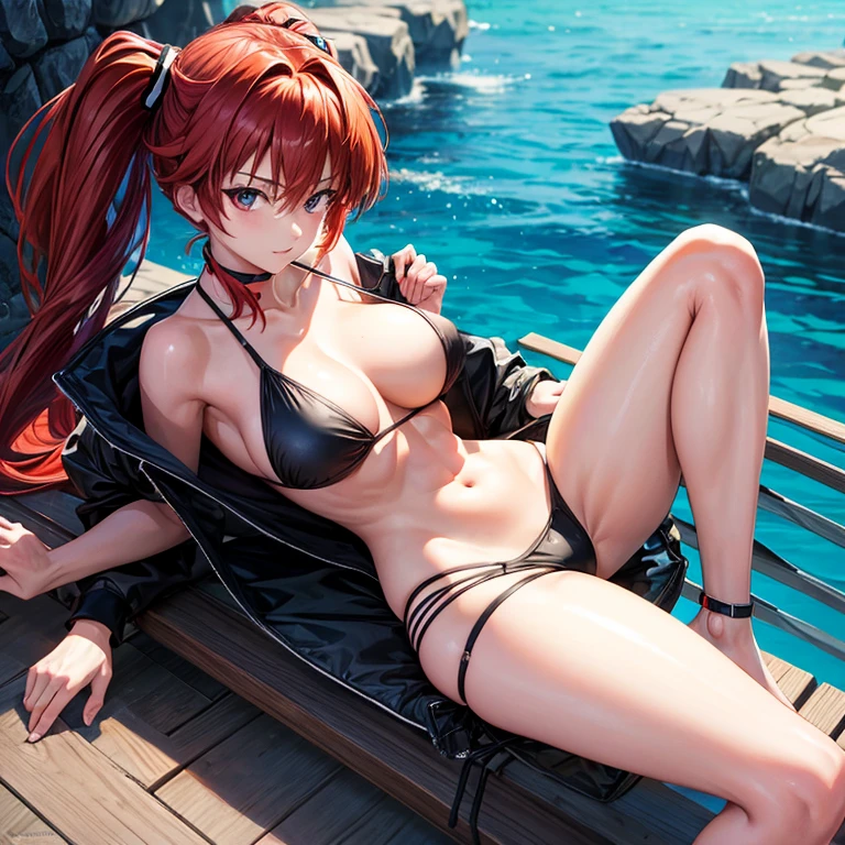 She looks like Asuka from Evangelion, slim and full-breasted, wearing a black bikini and seductively looking at the beautiful beach.
