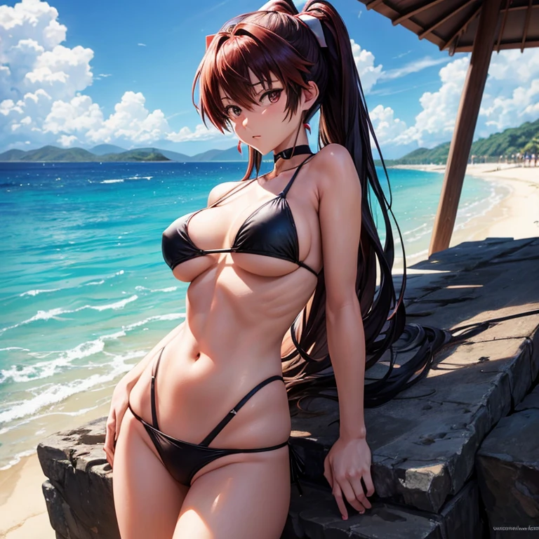 She looks like Asuka from Evangelion, slim and full-breasted, wearing a black bikini and seductively looking at the beautiful beach.
