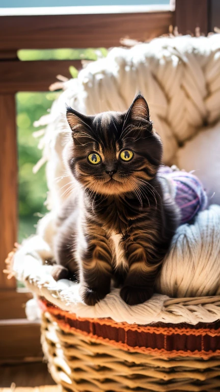 (a cute kitten),(fluffy fur)(showing its belly for attention),(playing with a ball of yarn),(resting inside a wicker basket)。 (best quality, highres) (photorealistic)。 (vivid colors, warm tones) (soft and gentle lighting)。