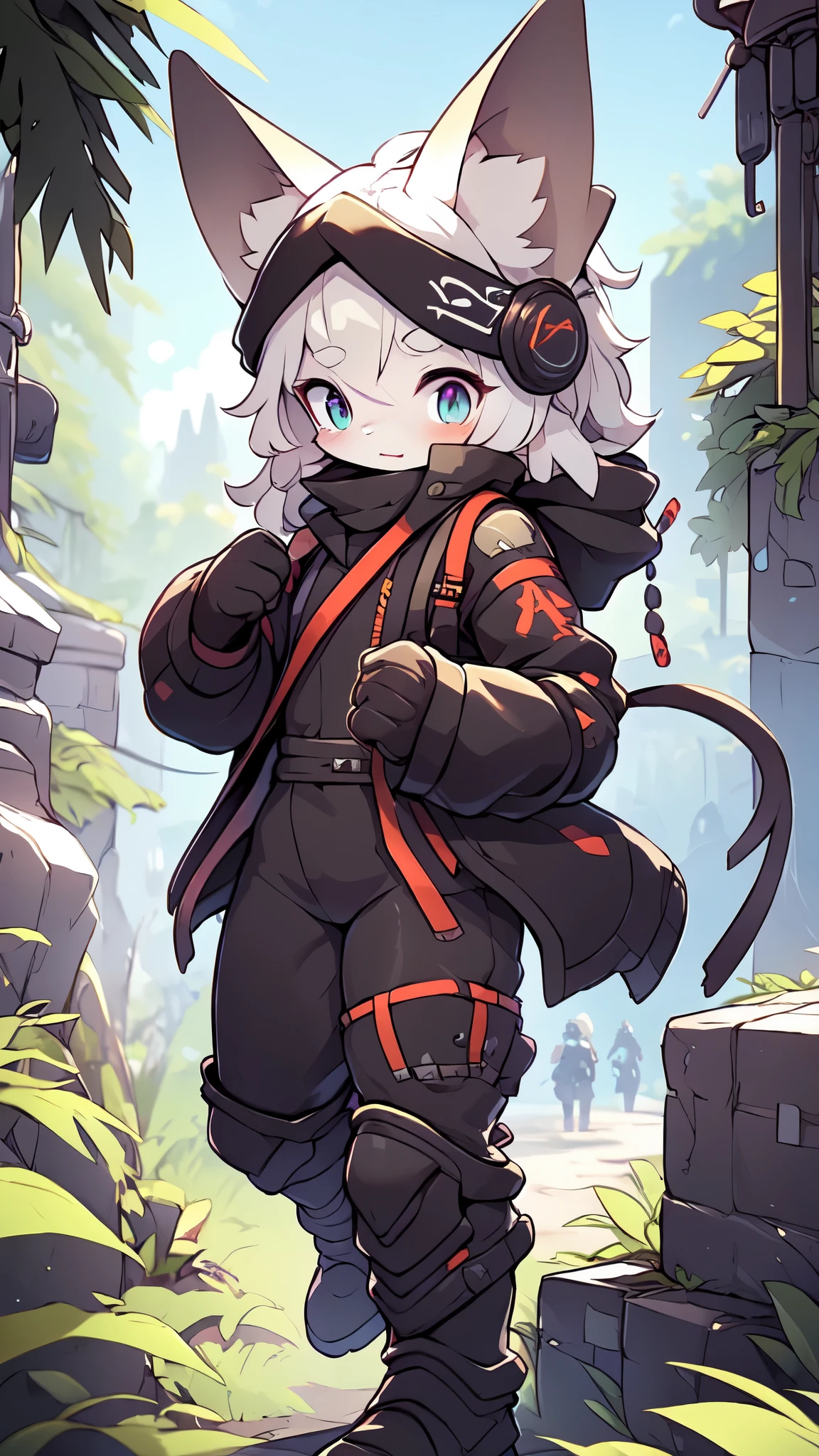 Kawaii, Striped Fluffy Fox, emaciated, long hair, 3girls, artificial synthetic skin, life support prosthetics, digital headphones, black tight latex bodysuit, white long dress, thigh-high-socks, shorts, loose off-the-shoulder hood open jacket, holsters in thigh, Mechanical boots, tactical knee pads, tactical belted loose Arm Sleeves, cybernetic Display gloves, chest rigs, tactical belts, blue archive halo, bulletproof goggles on forehead, from Ark nights,