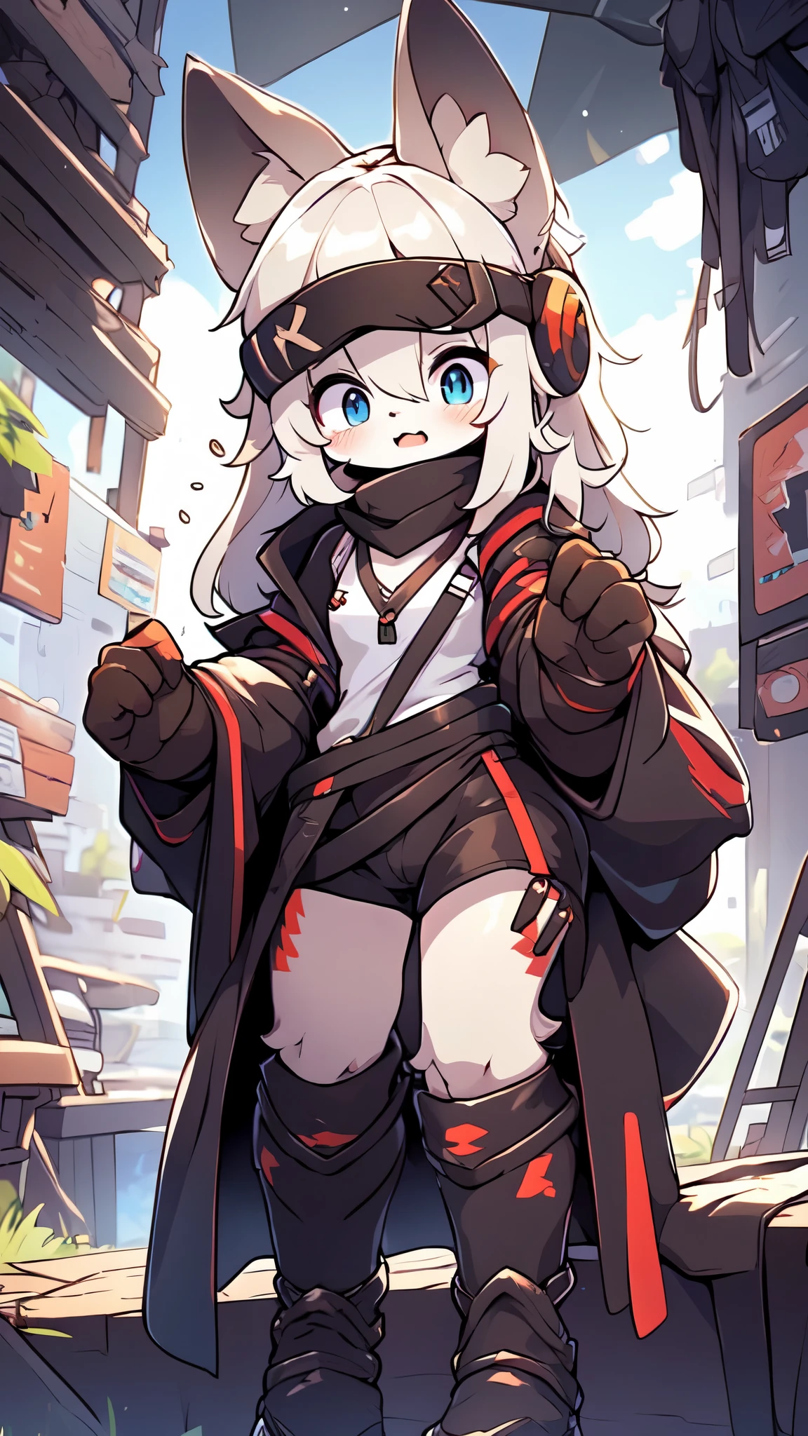 Kawaii, Striped Fluffy Fox, emaciated, long hair, 3girls, artificial synthetic skin, life support prosthetics, digital headphones, black tight latex bodysuit, white long dress, thigh-high-socks, shorts, loose off-the-shoulder hood open jacket, holsters in thigh, Mechanical boots, tactical knee pads, tactical belted loose Arm Sleeves, cybernetic Display gloves, chest rigs, tactical belts, blue archive halo, bulletproof goggles on forehead, from Ark nights,