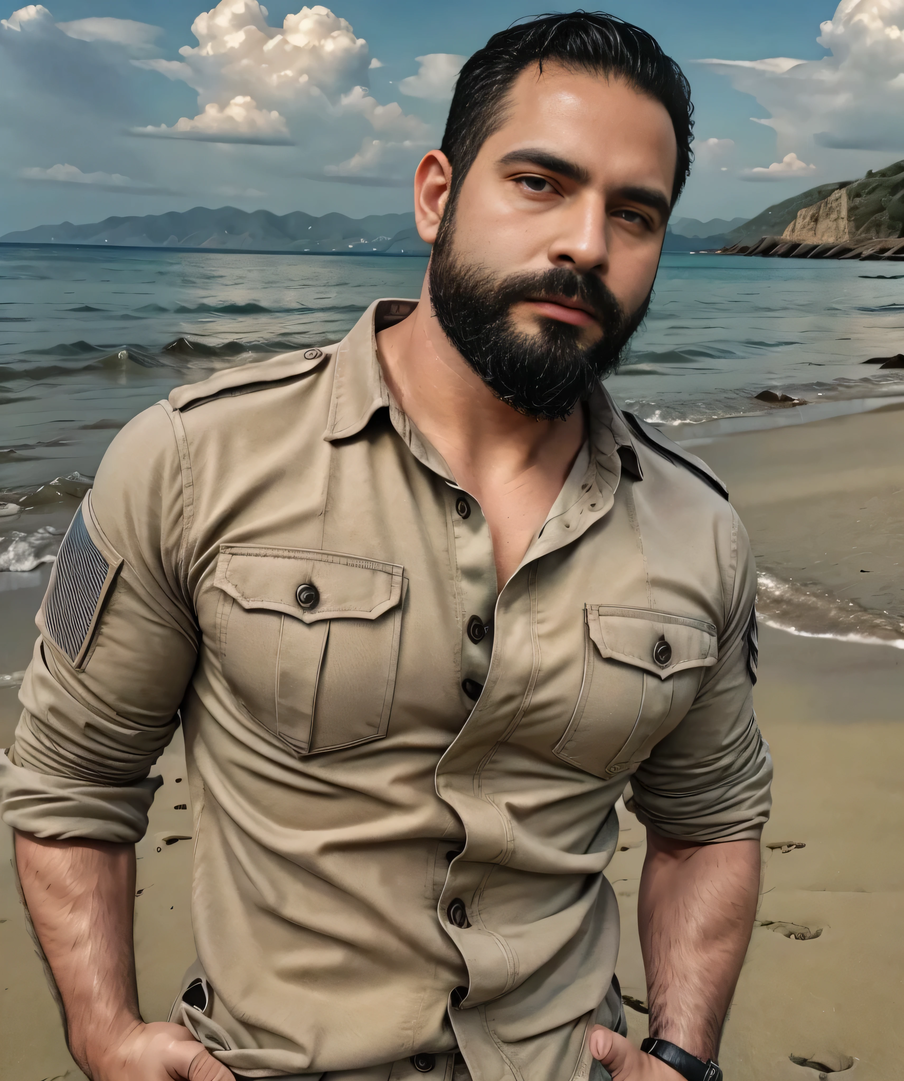 bearded man in military shirt, standing on the beach, looking very handsome, super polished and cool, medium shot of a handsome bearded man in military shirt standing on a beach, crystal clear, high-resolution image with vibrant colors, stunning details, capturing the essence of masculinity and confidence.