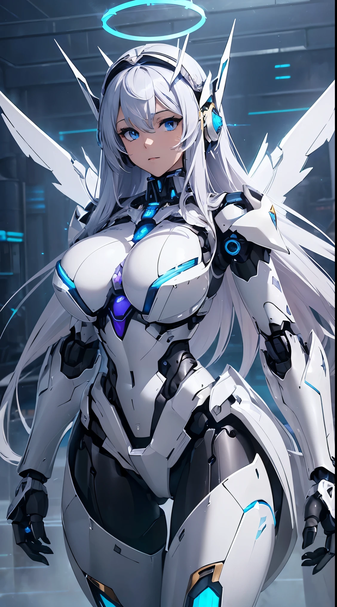 (((Shining lenses on both breasts:1.3)))、((Blue pillars of light are emanating from both chests.:1.3))、Break、(((Dynamic pose:1.6)))、smile、((8k)), ((32k)), ((highest quality)), ((masterpiece)), ((超A high resolution)), ((Tmasterpiece)), ((halo:1.4))、((Mechaニカルheadgear:1.2))、((Cyber Headphones:1.3))Fine skin, High quality fabric, Fine metal texture、((Beautiful and dense face))、RAW Photos、Professional, Ultra-fine painting, ((alone)), Beautiful breasts、highest quality, Very detailed, Very detailed詳細, Finer details, so beautiful, ((Princess Knight Robot:1.2)),  (Joints of machines, Mechanical Limbs:1.3), (The internal structure of the machine is exposed:1.3), (Long silver hair:1.1), (Beautiful and huge mechanical breasts)、White Veil, cowboy_shot, Side Focus, headgear, Shiny、(Five Fingers, Four fingers and thumb),Concept Art, Anime fantasy artwork, Detailed fantasy art, (with pale blue-violet hair and large white wings,,,,,,,), (((Long silver hair))), (Mecha:1.6)、Sleek and intimidating design, ((Commander in Chief&#39;s Arms)), (Perfect robot body)、Pure white and blue-purple arms or, Symmetrical wings, 8k high quality detailed art, 3D rendering of character art in 8K, neat legs, Defined, Defined fingers,((headshot:1.3))