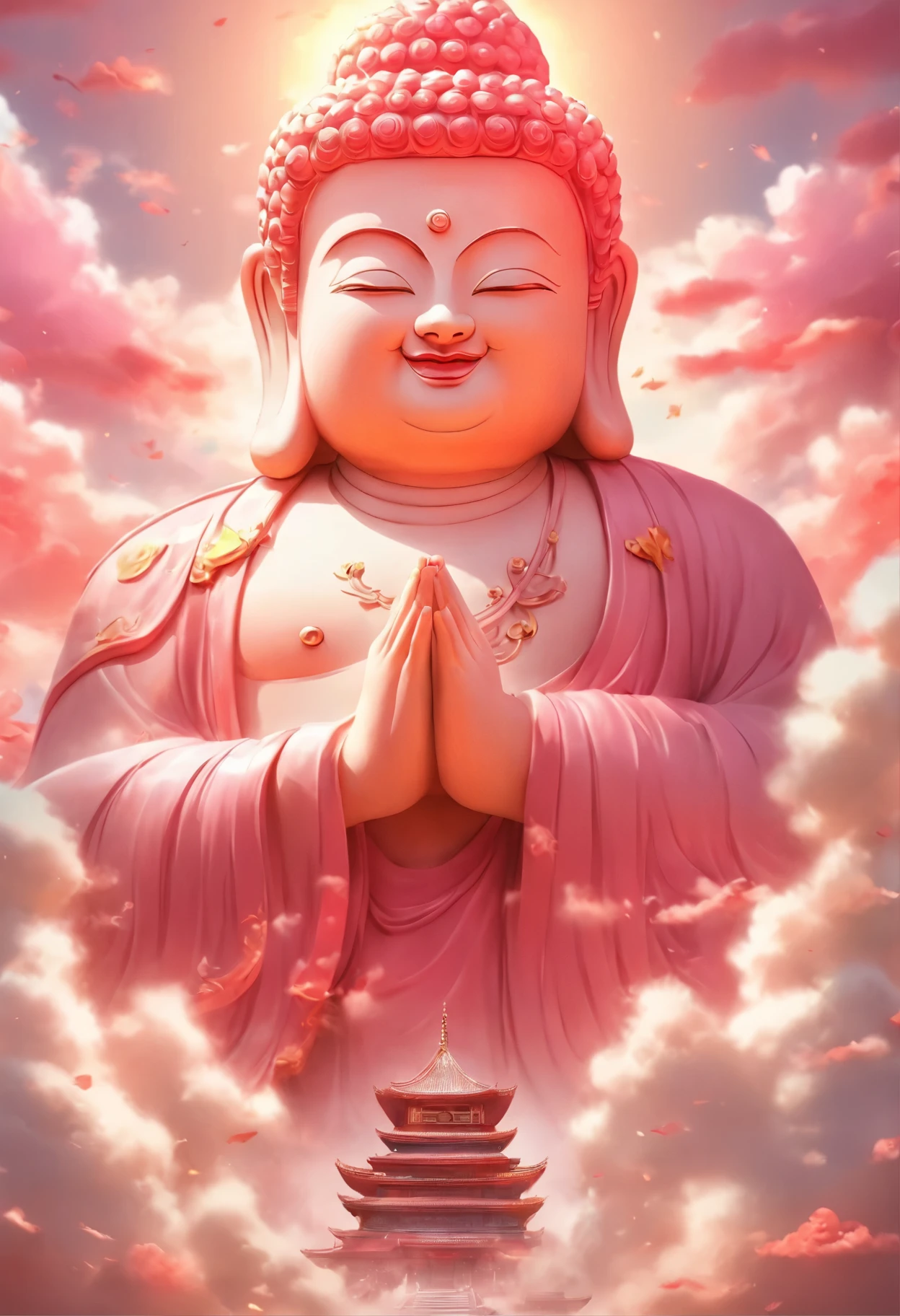 ((masutepiece)),(Best quality)),China style,In the sky, The clouds form a huge transparent shiny white jade Maitreya Buddha statue,Thick clouds,and the sun was shining brightly,Pilgrims on the road,Hyper-realistic,Ultra photo realsisim,Pink,8K,High definition,high qulity,Works of masters,super-fine,(((OC renderer)))