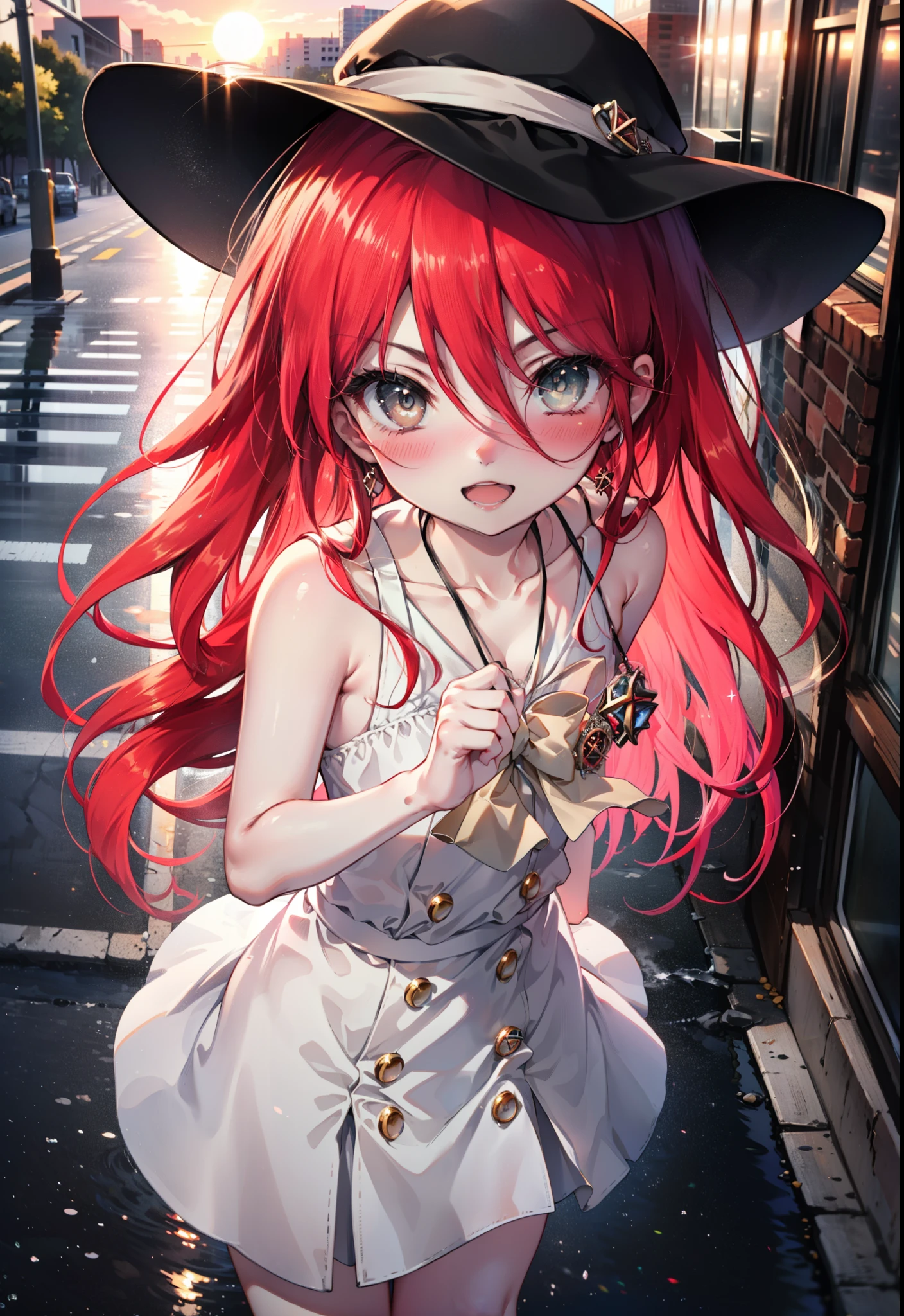 Shana,灼眼のShana,Ahoge,Long Hair,Red hair, Red eyes, small breasts,smile,blush,Open your mouth,Sleeveless dress,Bare shoulders,bare clavicle,Bare neck,Rocket Pendant,White hat,Long skirt,Cute heeled sandals,Looking down from above,sunset,evening,The sun is setting,
break looking at viewer, (Cowboy Shot:1. 5)
break outdoors, City Street,Building district,
break (masterpiece:1.2), highest quality, High resolution, unity 8k wallpaper, (shape:0.8), (Fine and beautiful eyes:1.6), Highly detailed face, Perfect lighting, Highly detailed CG, (Perfect hands, Perfect Anatomy),