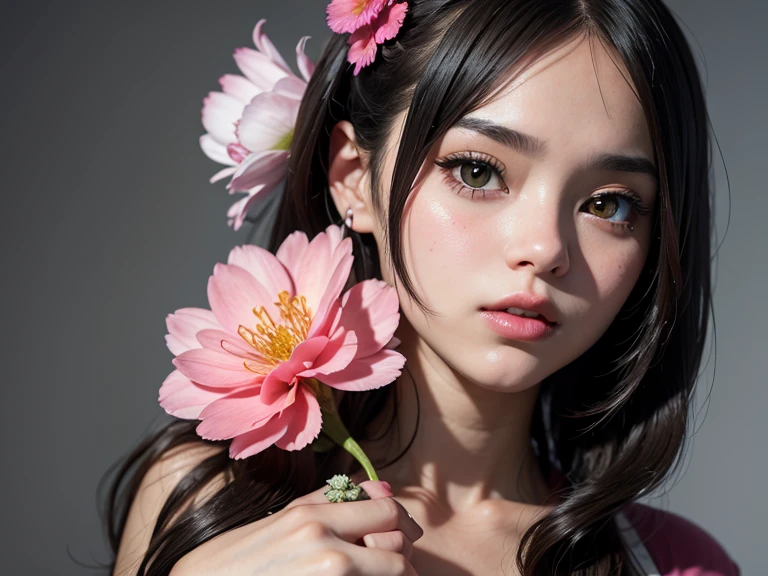 Genarate awesome image of Anime girl with put flowers on their hand and her standing position really awesome. Details juicy lips, details face , realistic.