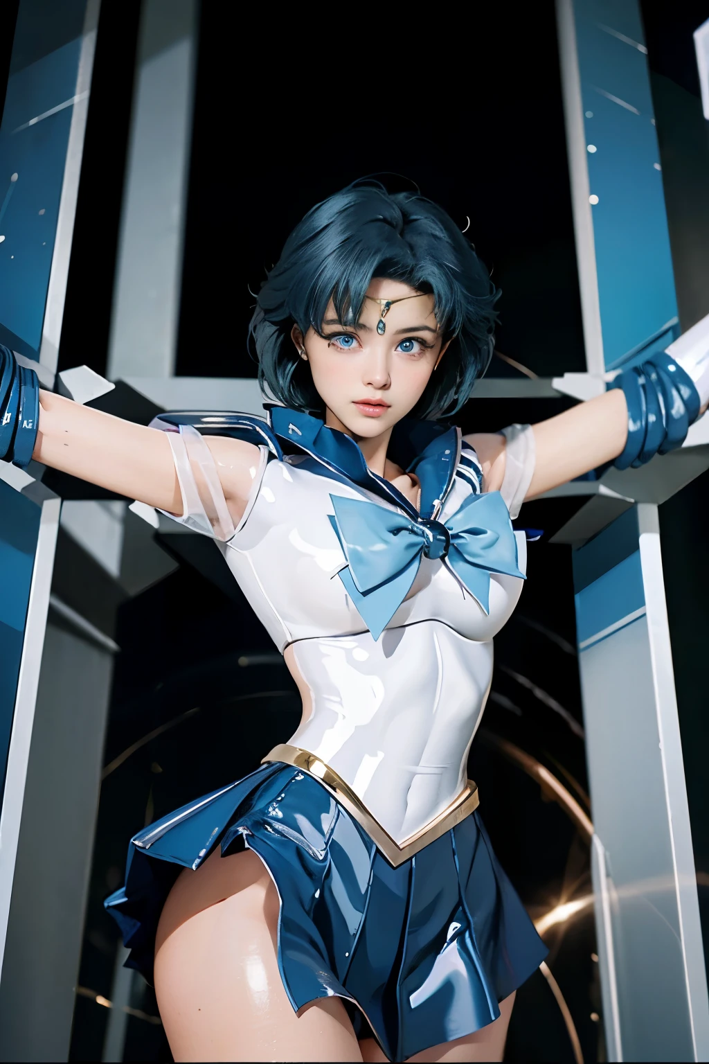 highest quality，masterpiece，Ultra-high resolution, Very detailed, 8k，(Beautiful woman)，one person，40 years old, (Sailor Mercury), (Facial details, Bright Blue Eyes, Beautiful Face, Beautiful Eyes, Shining Eyes, Thin lips, Thin, sharp, pale eyebrows, Long, black eyelashes, Long and thick lower eyelashes, double eyelid), Fluffy blue hair, ((Blue sailor collar, Very tight and shiny uniform)), ((Long white latex gloves,Beautiful female hand in white latex gloves)),Shiny blue latex knee-high boots, Stiletto heels,Blue choker、Blue gloves on elbows, ((Shiny blue skirt)), Blue Collar, golden tiara,Earrings)),Luxury gold jewelry, skinny, Large Breasts, Perfect Proportions, Narrow waist, Visible pores, Beautiful shiny dark blue hair, Perfect hands, High gloss holographic leather for a snug fit,Octane Rendering, Crucifixion，cross，execution，incontinence，Scared，torture，slave，crossにCrucifixionにされた女性,Crucifixion刑