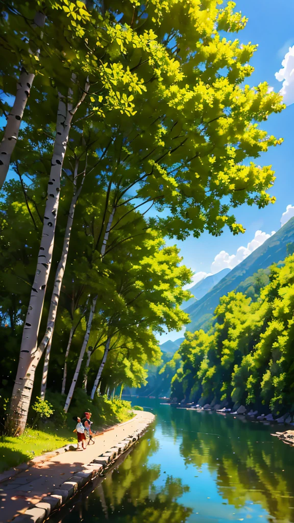 Mountain间小道, For trees, Birch, Children playing, Flowers, Butterfly, Bird, landscape, Birds chirp, Sunlight through the trees, breeze, Lush green leaves, Sparkling water reflections, vibrant wildFlowers, Laughter, Carefree children&#39;s expressions, Dynamic brushstrokes, Mountain, harmonious composition.
