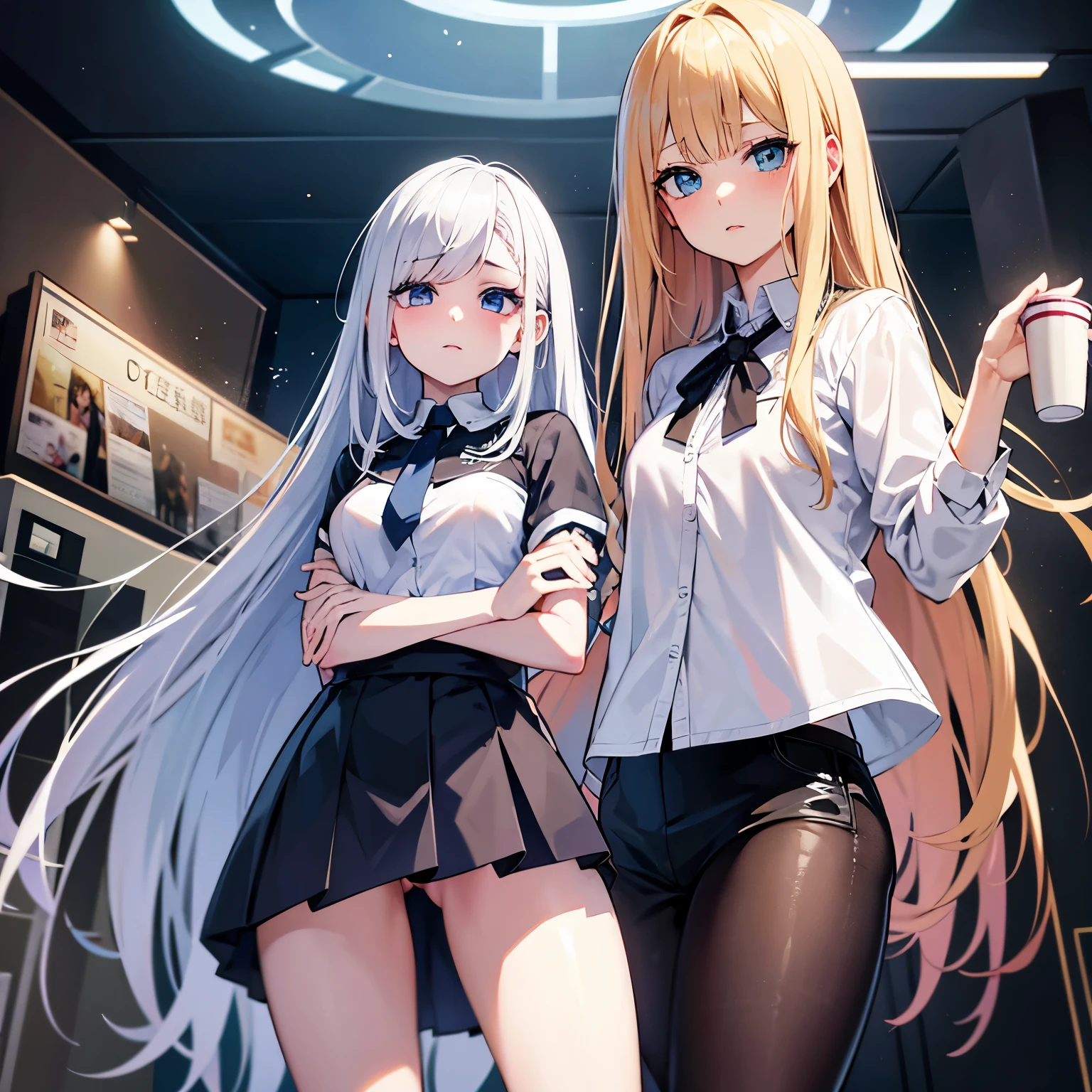 Pale tea girl, rubia y con rizos, ojos azules con heterocromia central, con ropa de estudiante de Boku no hero