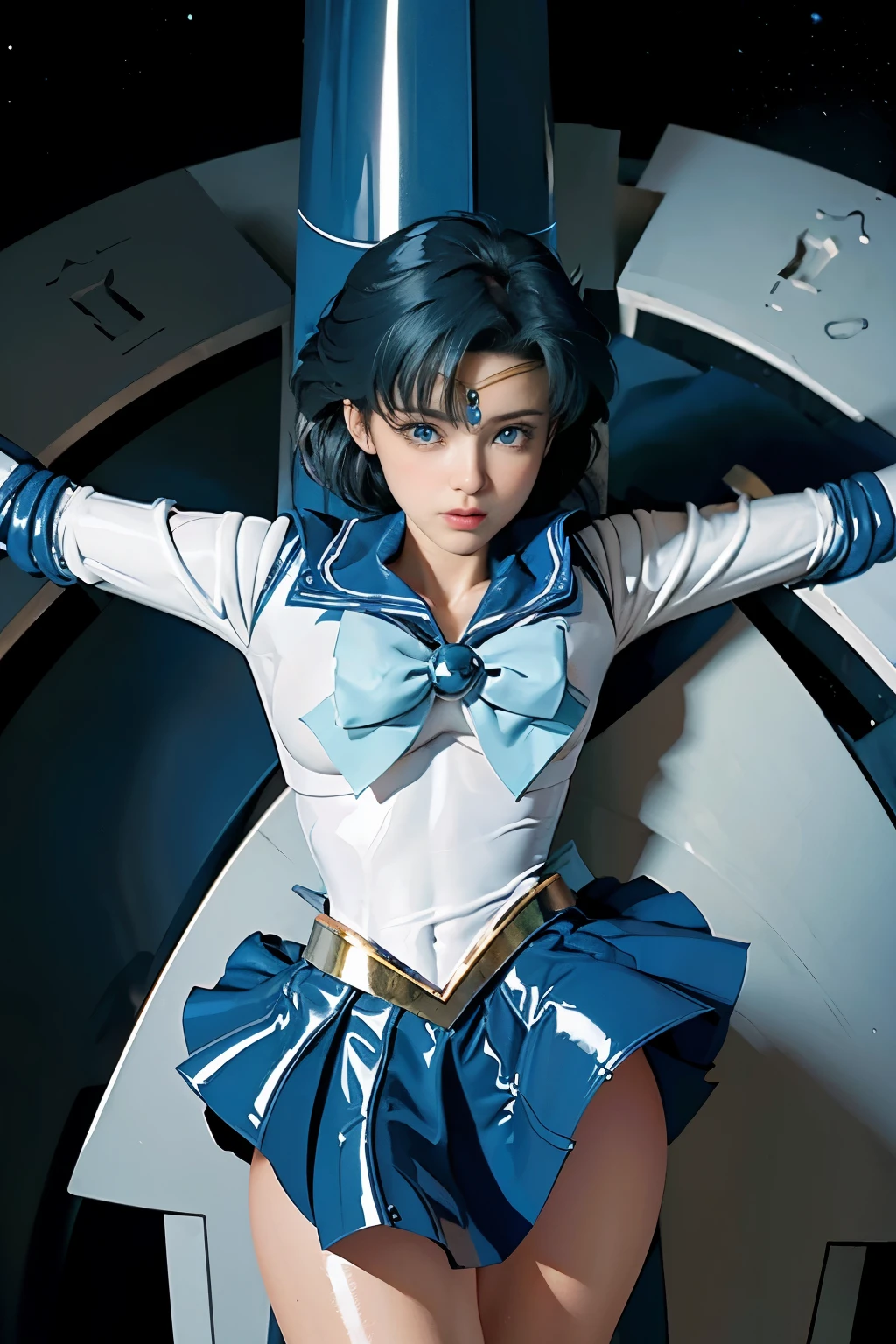 highest quality，masterpiece，Ultra-high resolution, Very detailed, 8k，(Beautiful woman)，one person，40 years old, (Sailor Mercury), (Facial details, Bright Blue Eyes, Beautiful Face, Beautiful Eyes, Shining Eyes, thin lips, thin, sharp, thin眉毛, length, Black eyelashes, length and thick lower eyelashes, double eyelid), Fluffy blue hair, ((Blue sailor collar, Very tight and shiny uniform)), ((length white latex gloves,Beautiful female hand in white latex gloves)),Shiny Blue Latex Knee High Boots, Stiletto heels,Blue choker、Blue gloves on elbows, ((shiny blue skirt)), Blue Collar, golden tiara,Earrings)),Fine Gold Jewelry, skinny, Large Breasts, Perfect Proportions, Tight waist, Visible pores, Beautiful, shiny dark blue hair, Perfect hands, Close fitting high gloss holographic leather,Octane Rendering, Crucifixion，cross，execution，incontinence，Scared，torture，slave，crossにCrucifixionにされた女性,Crucifixion刑