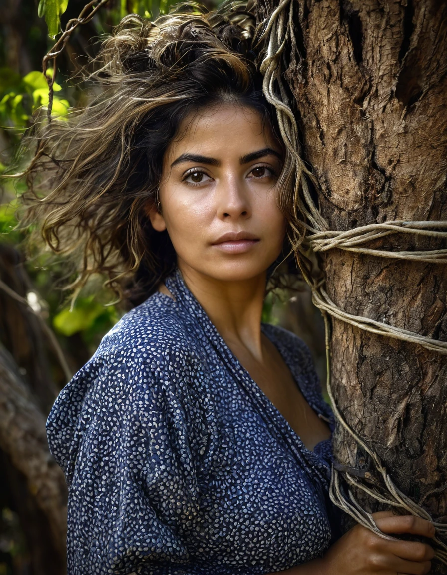 corpo todo,Mulher latina,mulher madura,mulher experiente,tied to an old tree with vines,corpo natural coberto de sujeira,emaranhado,totalmente nu,corajoso,sujo,pele enrugada,Messy hair,Selvagem,rampando e rastejando,amarrado com cordas velhas,worn appearance,vivid portrait,fotorrealista,high resolution,olhos expressivos,thoughtful expression,rosto forte e envelhecido,sabedoria em seu olhar,dark lighting,tons terrosos,sombras e realces contrastantes,dramatic atmosphere,angustia.