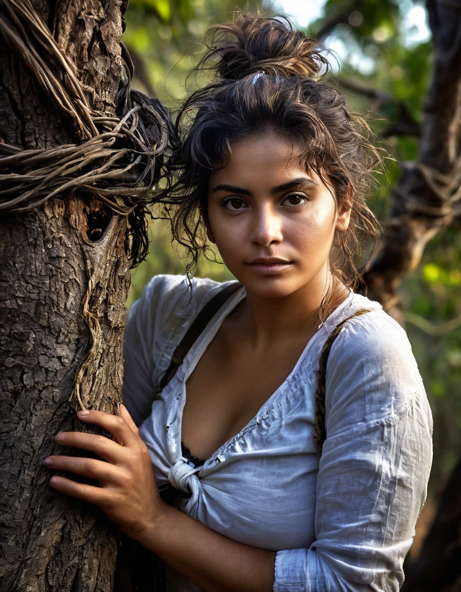 corpo todo,Mulher latina,mulher madura,mulher experiente,tied to an old tree with vines,corpo natural coberto de sujeira,emaranhado,totalmente nu,corajoso,sujo,pele enrugada,Messy hair,Selvagem,rampando e rastejando,amarrado com cordas velhas,worn appearance,vivid portrait,fotorrealista,high resolution,olhos expressivos,thoughtful expression,rosto forte e envelhecido,sabedoria em seu olhar,dark lighting,tons terrosos,sombras e realces contrastantes,dramatic atmosphere,angustia.