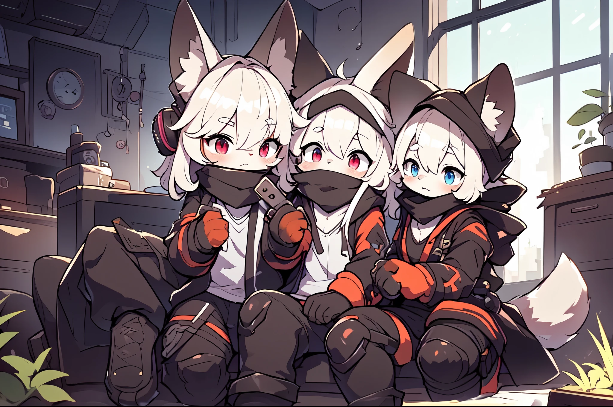 Kawaii, Striped Fluffy Fox, emaciated, long hair, 3girls, artificial synthetic skin, life support prosthetics, digital headphones, black tight latex bodysuit, white long dress, thigh-high-socks, shorts, loose off-the-shoulder hood open jacket, holsters in thigh, Mechanical boots, tactical knee pads, tactical belted loose Arm Sleeves, cybernetic Display gloves, chest rigs, tactical belts, blue archive halo, bulletproof goggles on forehead, from Ark nights,