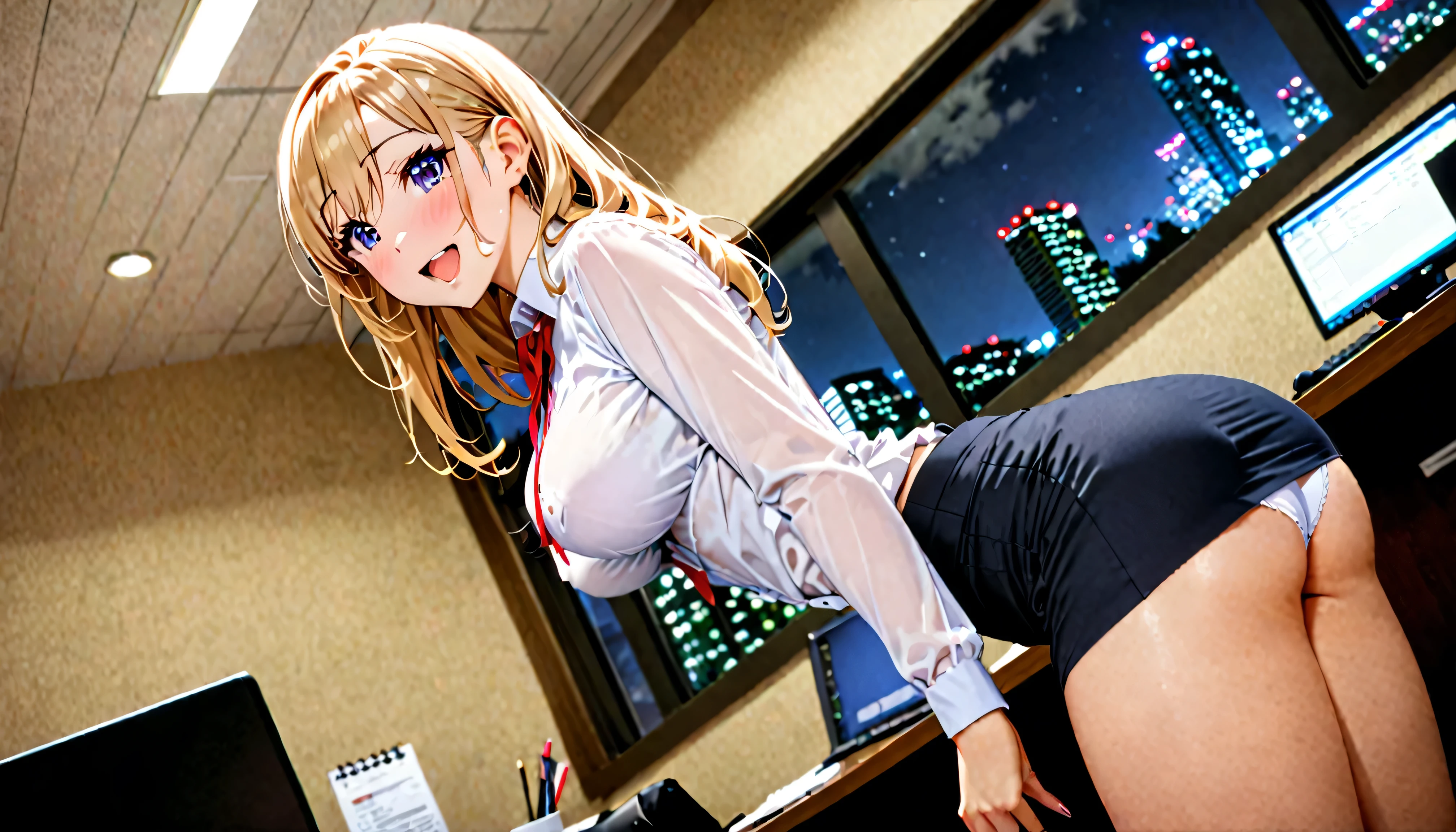 ((highest quality)), ((masterpiece)), (Get used to it), Perfect Face, Long-haired blonde American、Breasts are F cup、26-year-old female,Dress code:suit,Tight mini skirt,White panties,Called,look back,big,Stick your butt out,Laugh shyly,Location:Day Office,One Woman,angle:Looking up from directly below,Location:Office at night