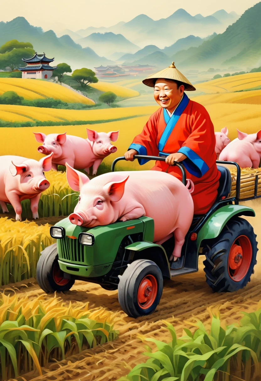 Farm Life，Anthropomorphic pigs，Chinese Clothing，Pigs working in the fields，Use the highest quality farm equipment possible, high resolution, Focus, Bright colors, soft light，Classical Chinese novels《trip》Funny illustrations of Chinese people：Ink painting style，