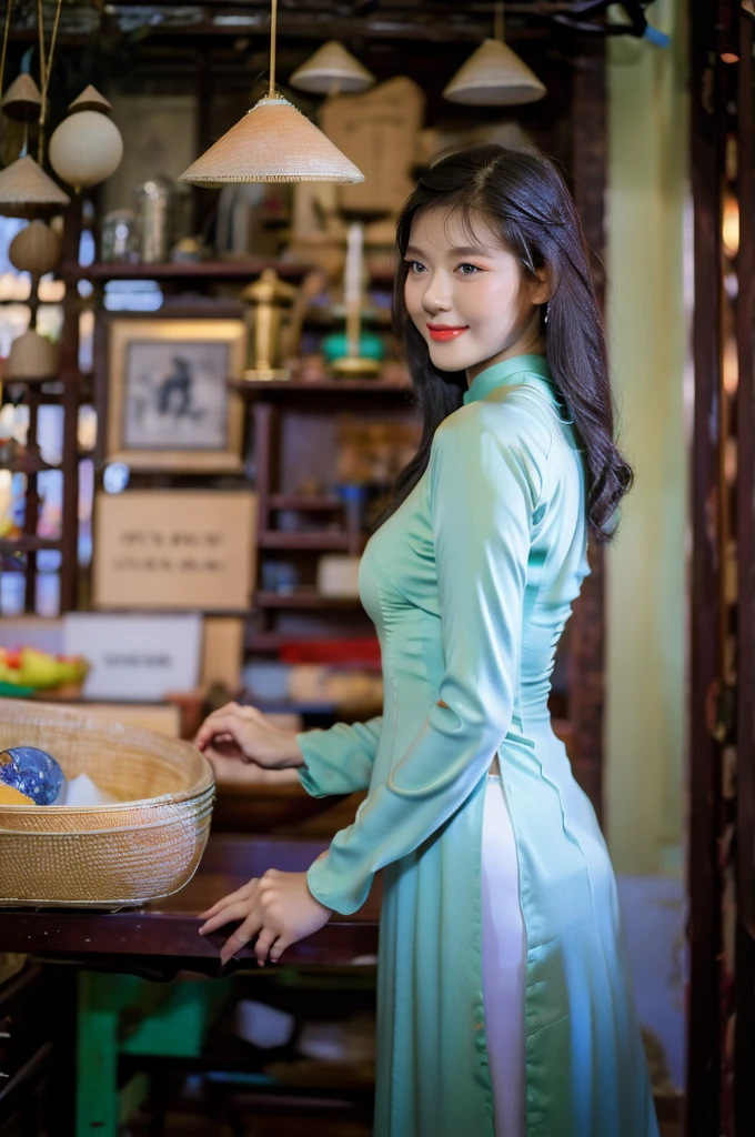 Close-up photo of a beautiful short hair Asian girl wearing colorful Vietnamese ao dai, smirking, blurred background.