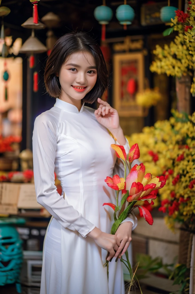 Close-up photo of a beautiful short hair Asian girl wearing colorful Vietnamese ao dai, smirking, blurred background.