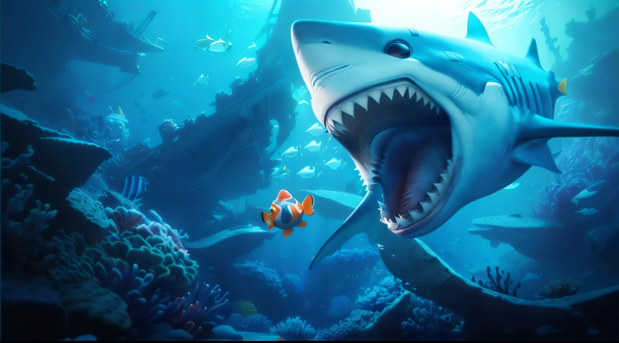 There is a shark and a clown fish in the water，There is another fish, Finding Nemo, Pixar Ink Art, 3 d Cartoon, bradley cooper in Finding Nemo, Close-up movie aquatic scene, CG art, Pixar Arts 3D, cartoon, 3D epic illustration, Cartoon, Disney Pixar 3D style, Cartoon still, Frames in Pixar movies, Cartoon scene