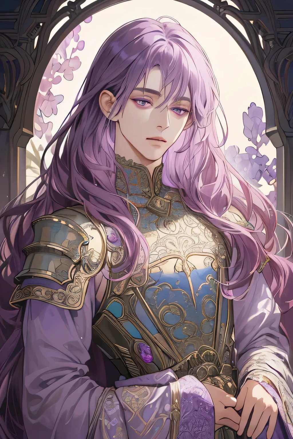 (extreamly delicate and beautiful:1.2), 8K,(masterpiece:1.0),(best_quality:1.0), 1boy, and intricate detailing, Enlarged textures, and intricate detailing, finely eye and detailed face, and intricate detailing, shiraga, lilac long curl hair, (closed mouths), Perfect eyes, Equal eyes, purple eyes (A Male god) with body armor