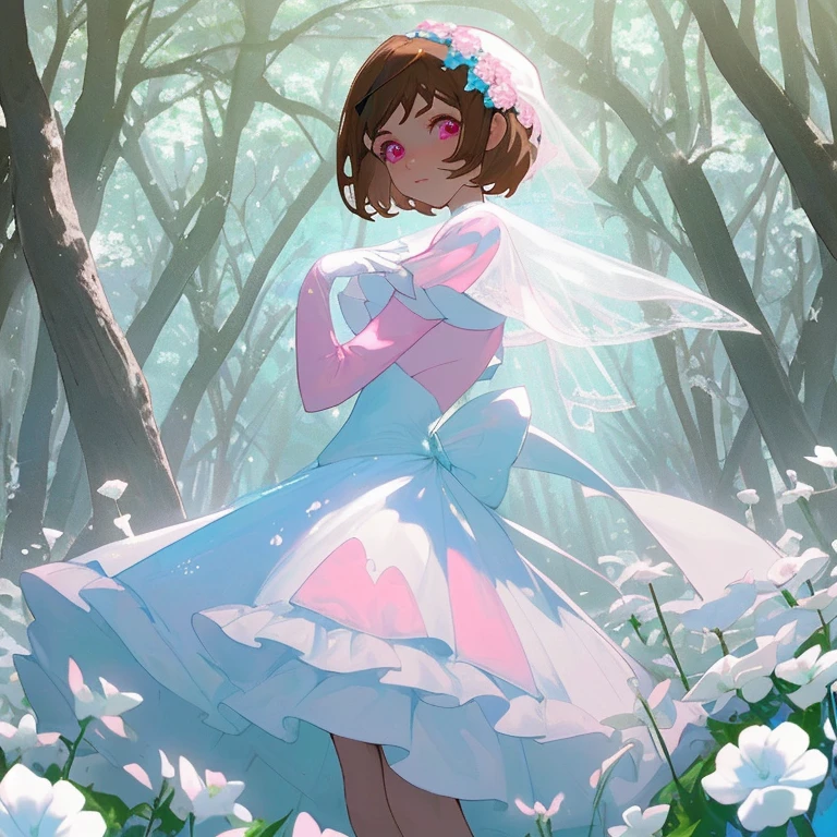 Joven mujer, short brown hair, ojos azules, piel blanca, pink and white fantasy dress, en un bosque, rodeada de flores blancas, con magia blanca en las manos
