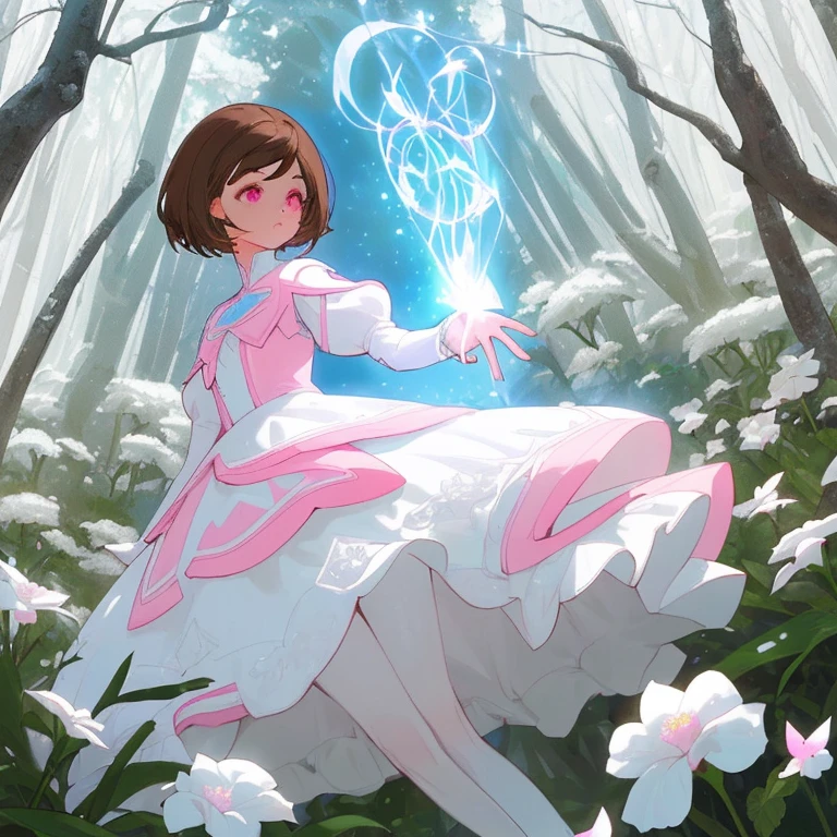 Joven mujer, short brown hair, ojos azules, piel blanca, pink and white fantasy dress, en un bosque, rodeada de flores blancas, con magia blanca en las manos