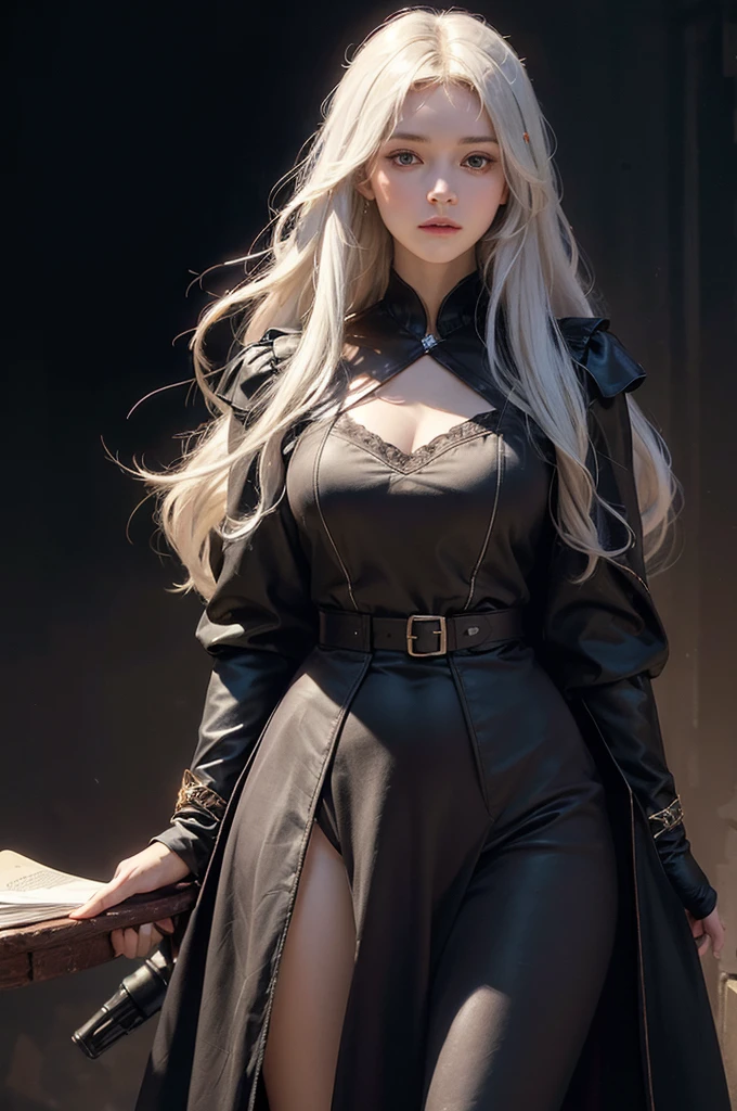 Hyperrealist portrait of female by david hockney and alphonse mucha,fantasy art, photo realistic, dynamic lighting, artstation, poster, volumetric lighting, very detailed faces, 4 k, award winning,, 1girl, in the dark, deep shadow, low key,cowboy shot,(official clothing:1.4) ,long hair,white hair,