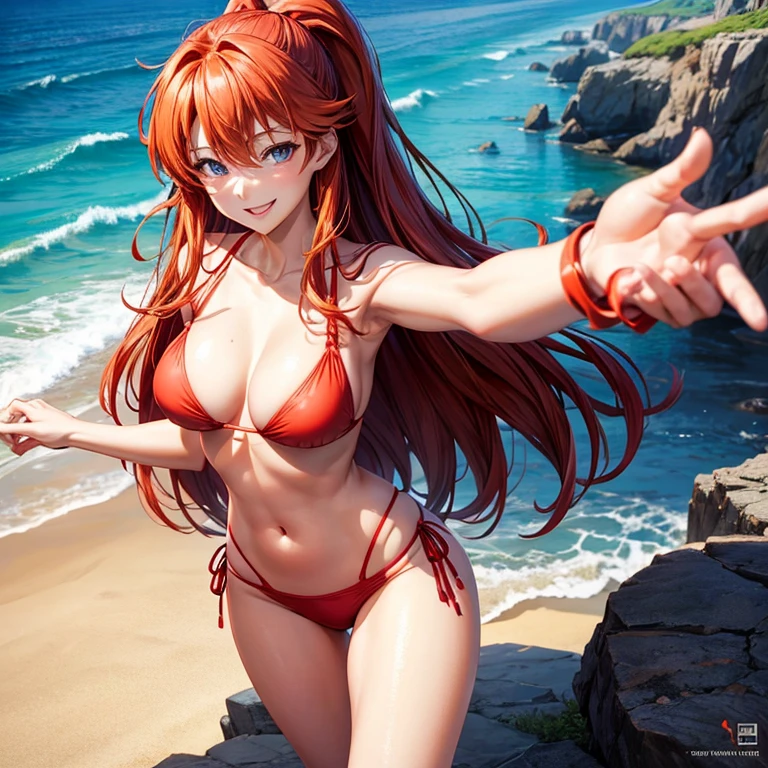  Eva Asuka Langley with perfect face, slim figure, ample breasts, wearing a red bikini, smiling and reaching out to you on a beautiful beach.