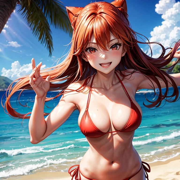 Eva Asuka Langley with perfect face, slim figure, ample breasts, wearing a red bikini, smiling and reaching out to you on a beautiful beach.