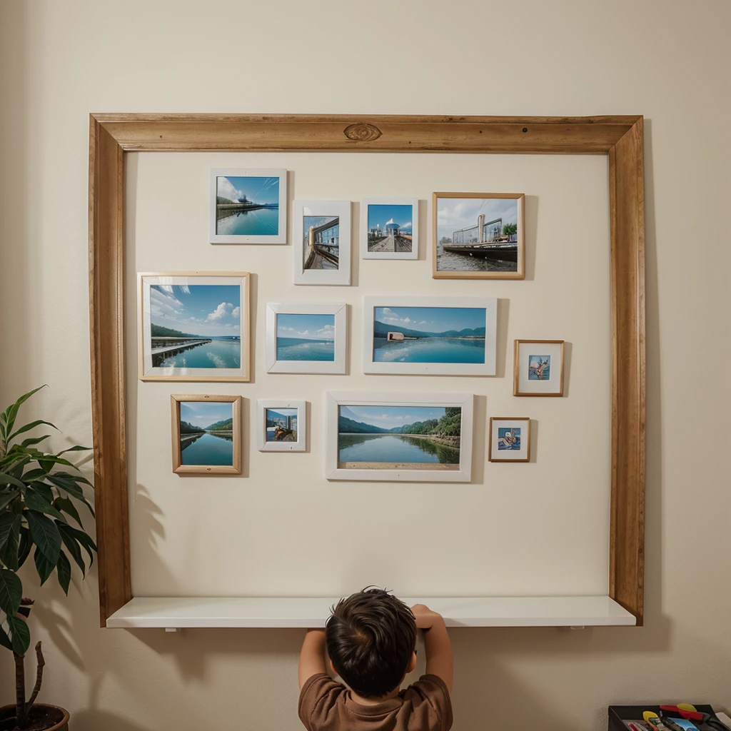 A boy is putting photo frames on the wall